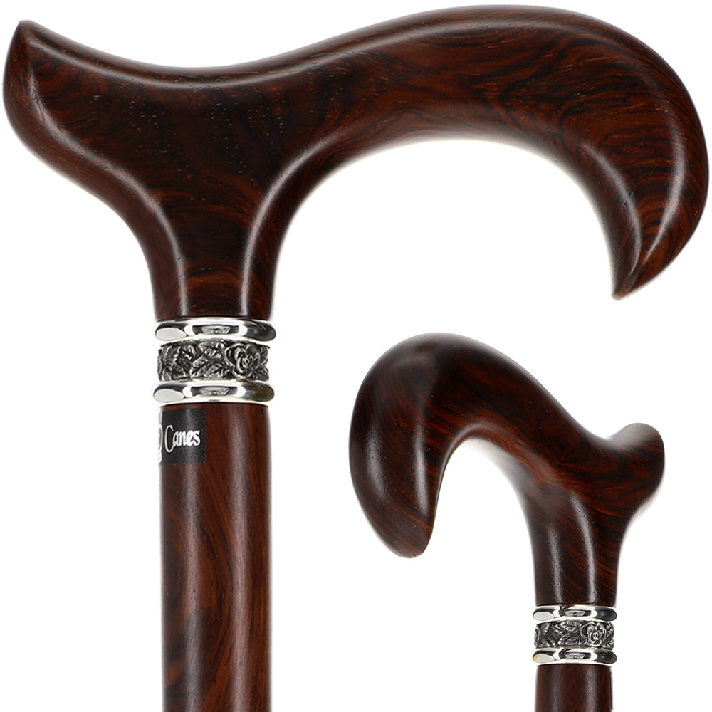 Premium Cocobolo Wood Derby Walking Cane with Scratch & Dent Finish - Elegant Pewter Rose Collar (Model V1259) - Ideal for Seniors, Mobility Support & Fashionable Accessory
