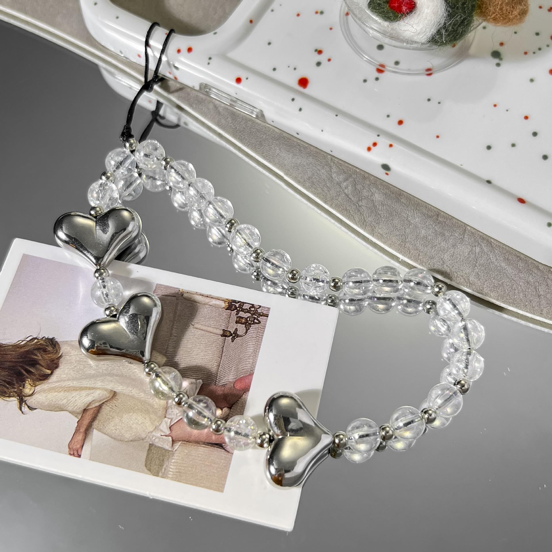 Cute Silver Heart Phone Charm - Fashion Acrylic Bead Phone Lanyard Strap with Anti-Lost Chain for Women | Perfect for Phone Accessories, Gifts & Everyday Use