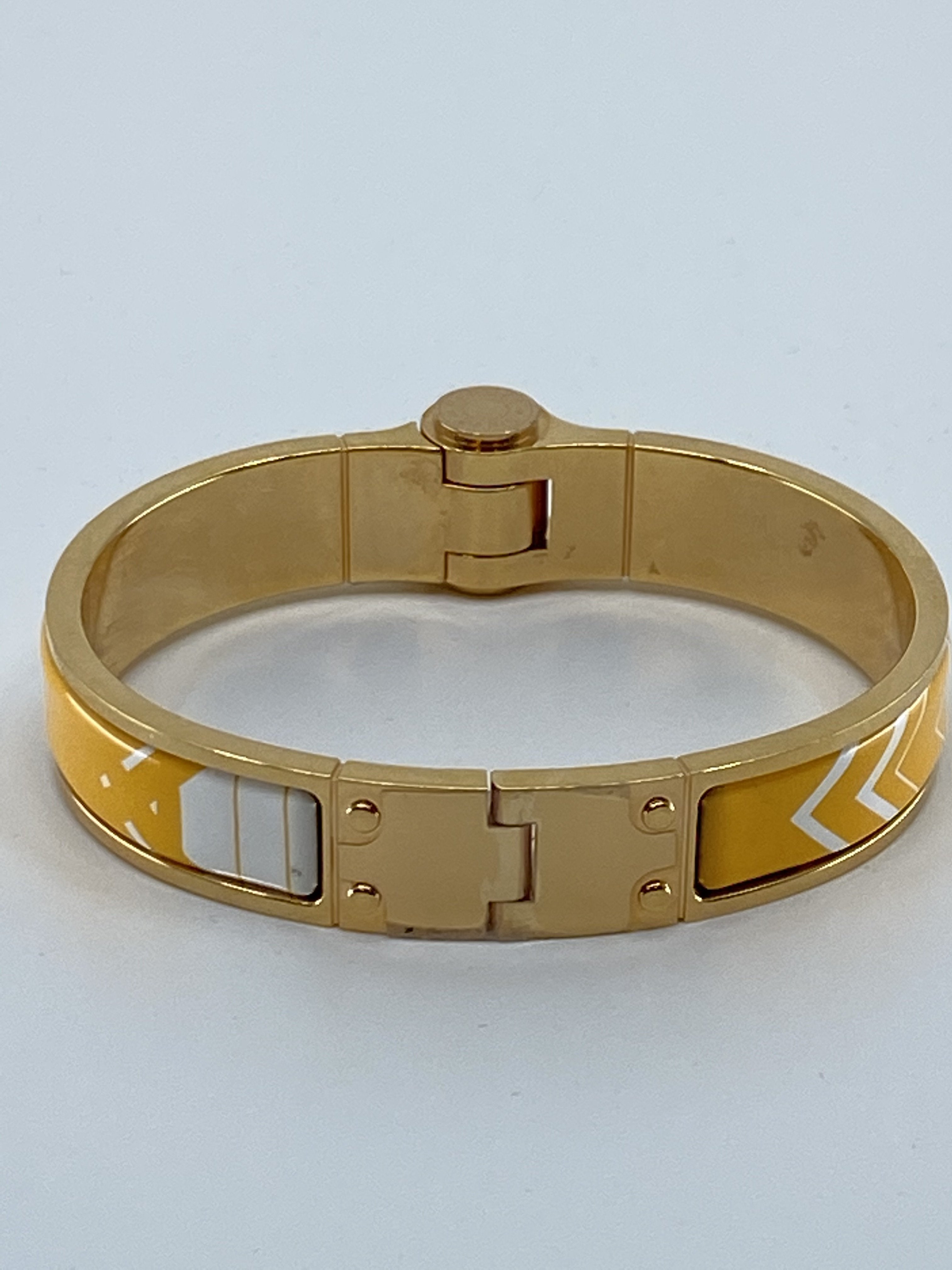 Hermes Sellier Printed Enamel Hinged Bracelet - Luxury Designer Bangle for Women, Elegant Gold & Black Enamel Jewelry - Perfect for Parties, Weddings & Special Occasions