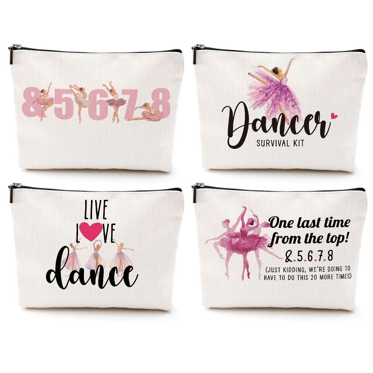 4Pcs Dance Cosmetic Bags for Dancers - Dancer Makeup Bag Set, Ballet Gifts for Girls & Women, Dance Team Essentials, Perfect for Recitals, Dance School, Birthday & Graduation Celebrations