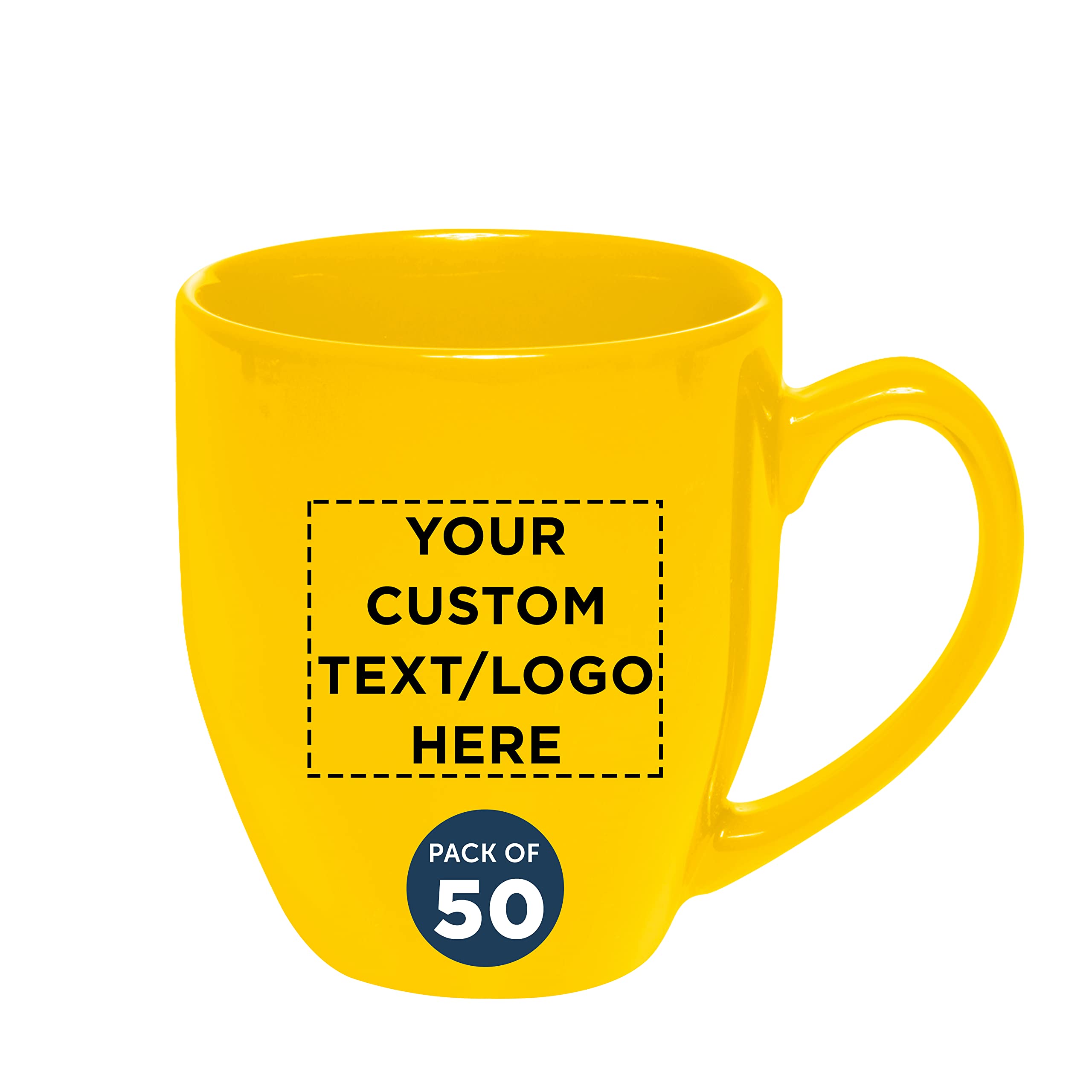 Custom 16 oz Large Coffee Cups Bulk Pack - Set of 50 Personalized Yellow Mugs for Tea, Espresso, Cappuccino & Hot Cocoa - Ideal for Cafes, Offices & Home Use