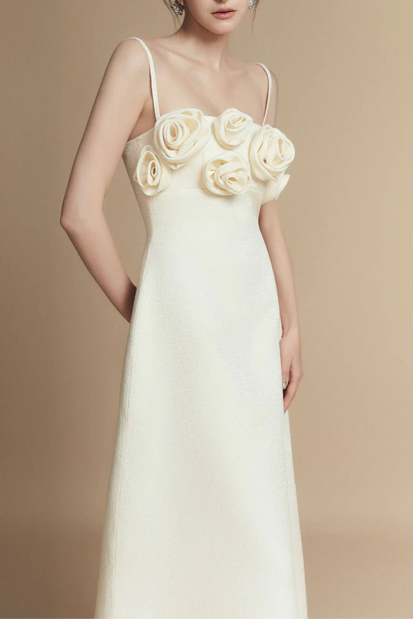 Elegant A-Line Floral Applique Linen Rayon Midi Dress for Women - Perfect for Summer Weddings, Garden Parties & Casual Outings