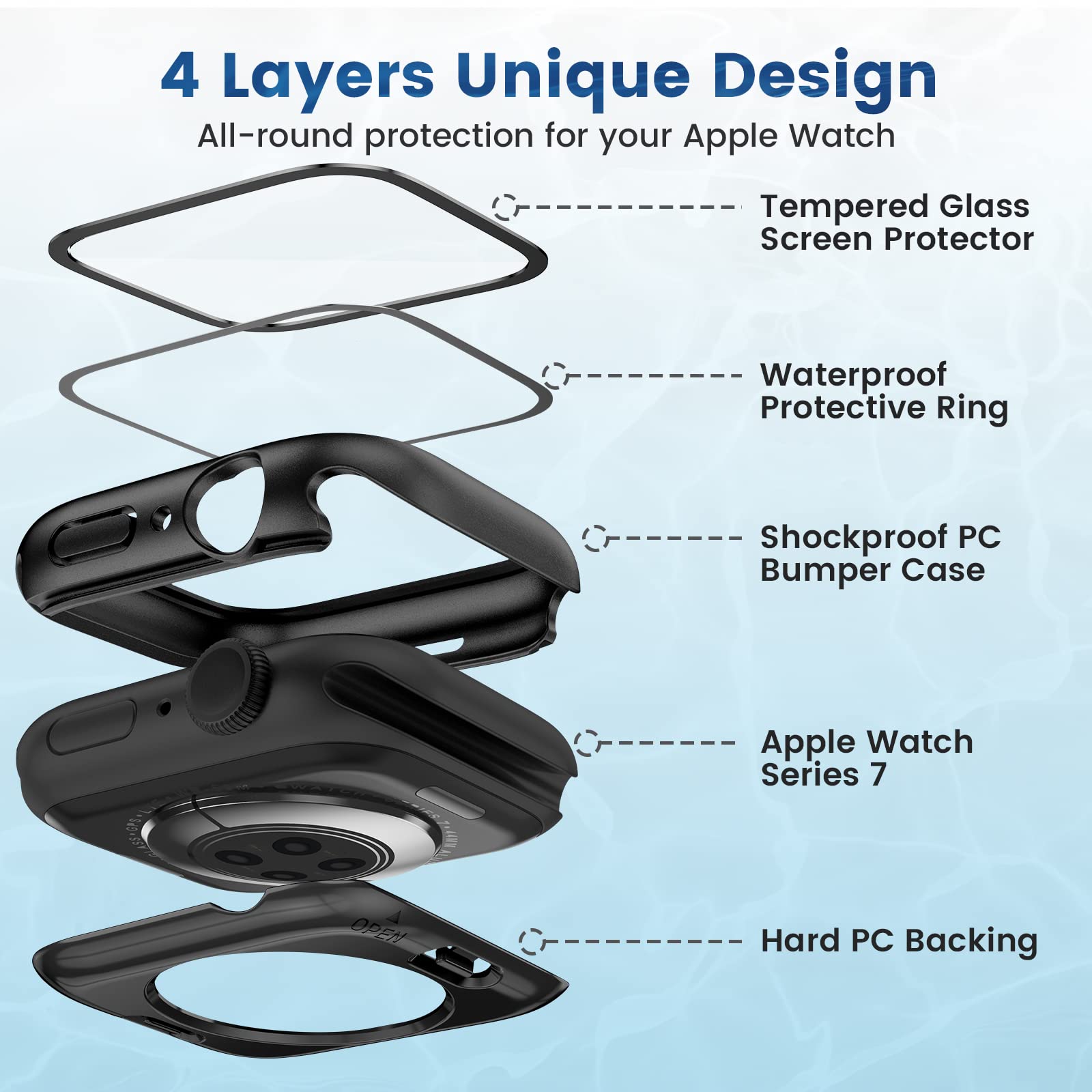 2 Pack Waterproof Case for Apple Watch Series 9/8/7 41mm - Shockproof Protective Cover with Built-in Tempered Glass Screen Protector, Front & Back Bumper for iWatch (Black) - Perfect for Swimming, Sports & Outdoor Activities