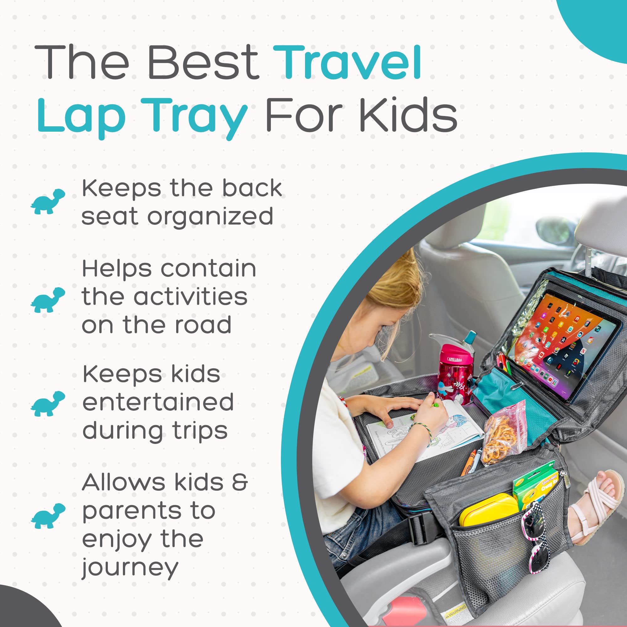 BE Family Travel Kids Car Seat Travel Tray - Portable Snack & Activity Tray for Toddlers - Teal Green Car Accessories for Children - Perfect for Road Trips, Snacks, Toys & Learning Activities