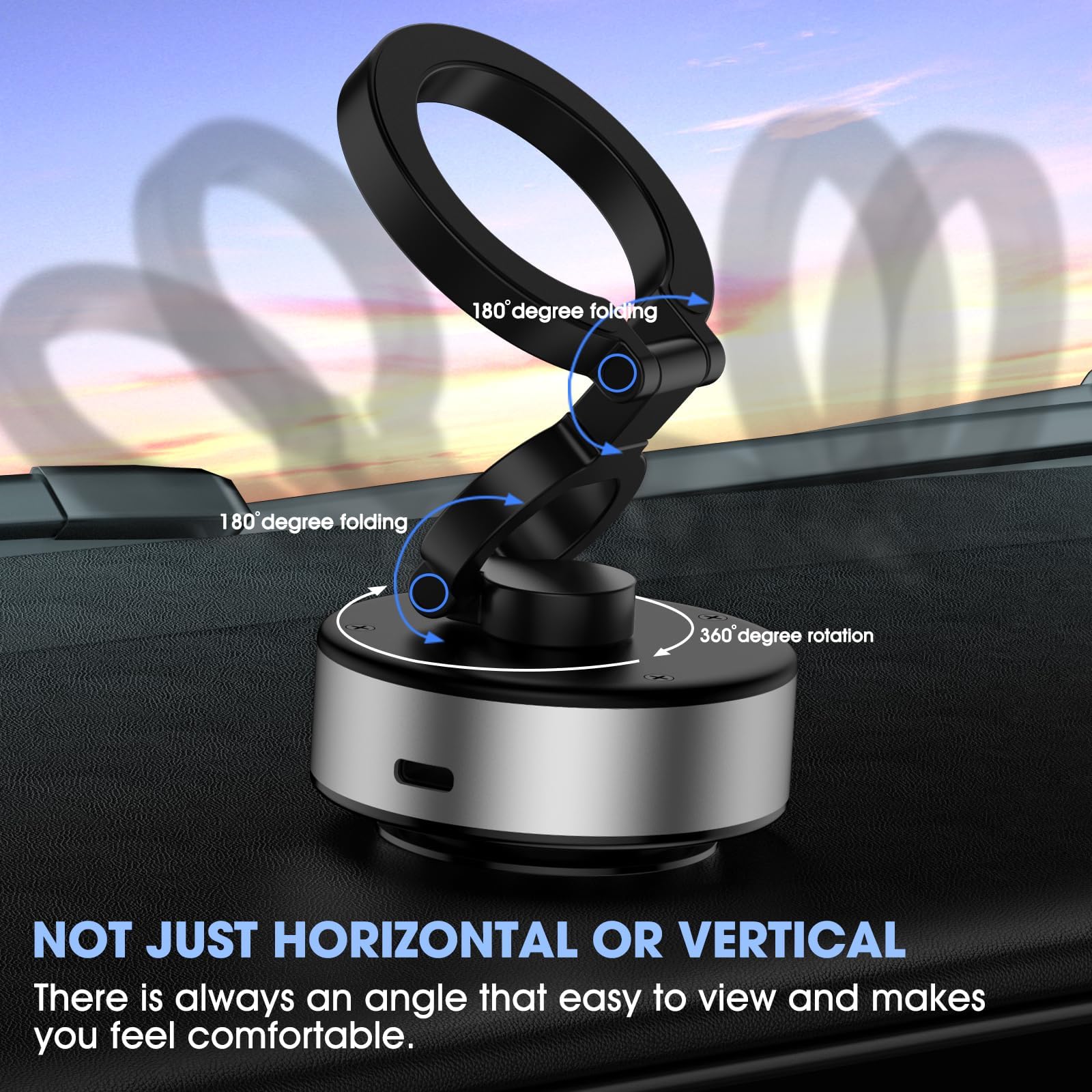 KOQ Upgraded Silver Magnetic Car Phone Mount - 360° Rotatable Vacuum Suction Phone Holder for iPhone, Samsung & All Smartphones | Strong Magnetic Grip for Dashboard & Windshield | Perfect for Road Trips, GPS Navigation & Hands-Free Calling