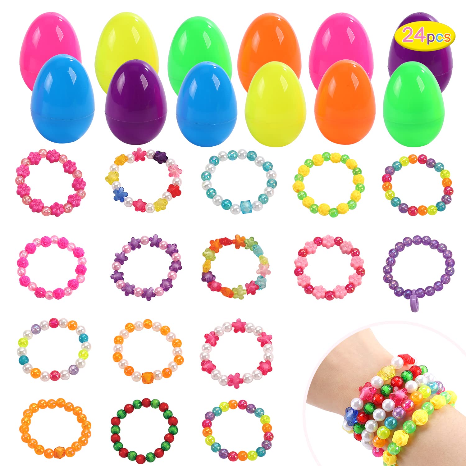 24 Pack Filled Easter Eggs with Beads Bracelets Inside - Easter Basket Stuffers, Party Favors for Toddlers, Girls & Kids - Perfect for Easter Egg Hunts, Classroom Rewards & Birthday Party Gifts