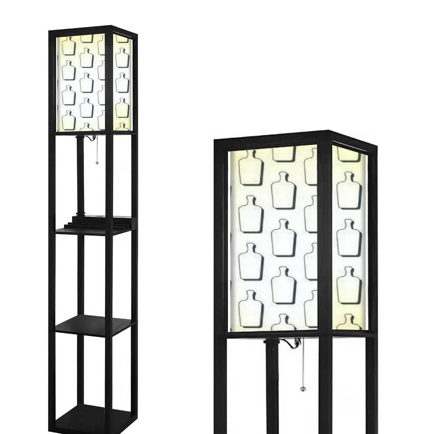 Modern Black and White Seamless Art Style Floor Lamp with Shelves, USB Ports & Power Outlet - Linen Fabric Shade Corner Standing Lamp for Living Room, Bedroom | Perfect for Reading Nooks, Home Office Lighting & Cozy Ambiance