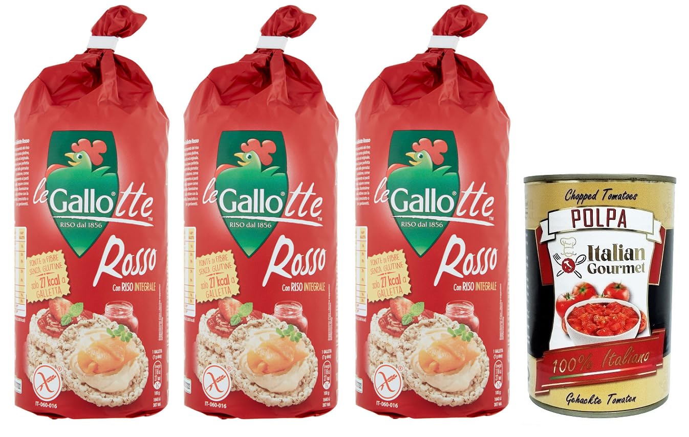 3-Pack Riso Gallo Gallotte Le Rosse Whole Grain Red Rice Cakes (100g Each) + Authentic Italian Gourmet Polpa di Pomodoro Tomato Pulp (400g Tin) - Perfect for Healthy Snacking & Italian Cooking