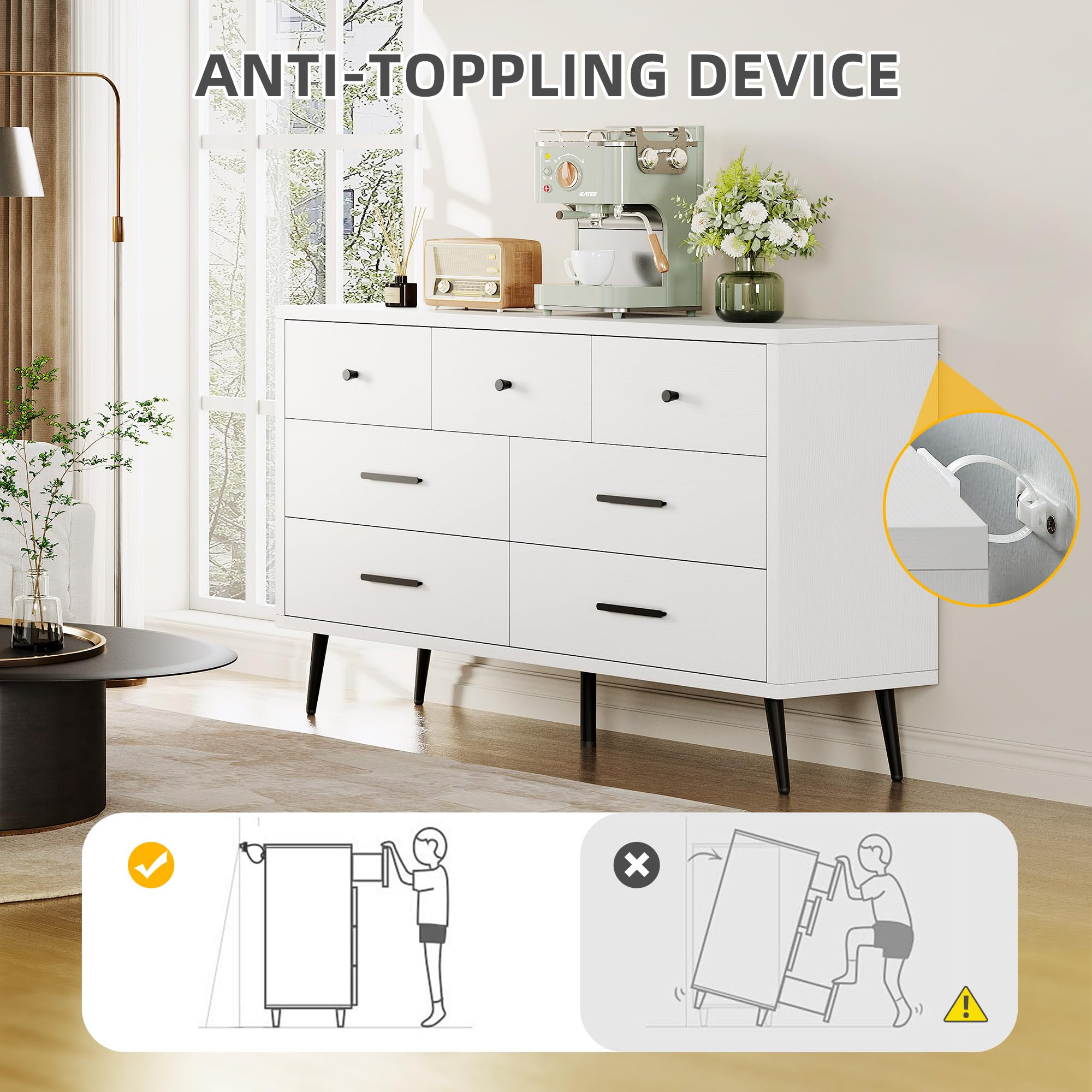 DWVO White 7-Drawer Dresser, 47-Inch Wide Modern Wood Storage Organizer with Black Metal Handles & Anti-Tip Device - Perfect for Bedroom, Hallway, Entryway, or Closet Organization
