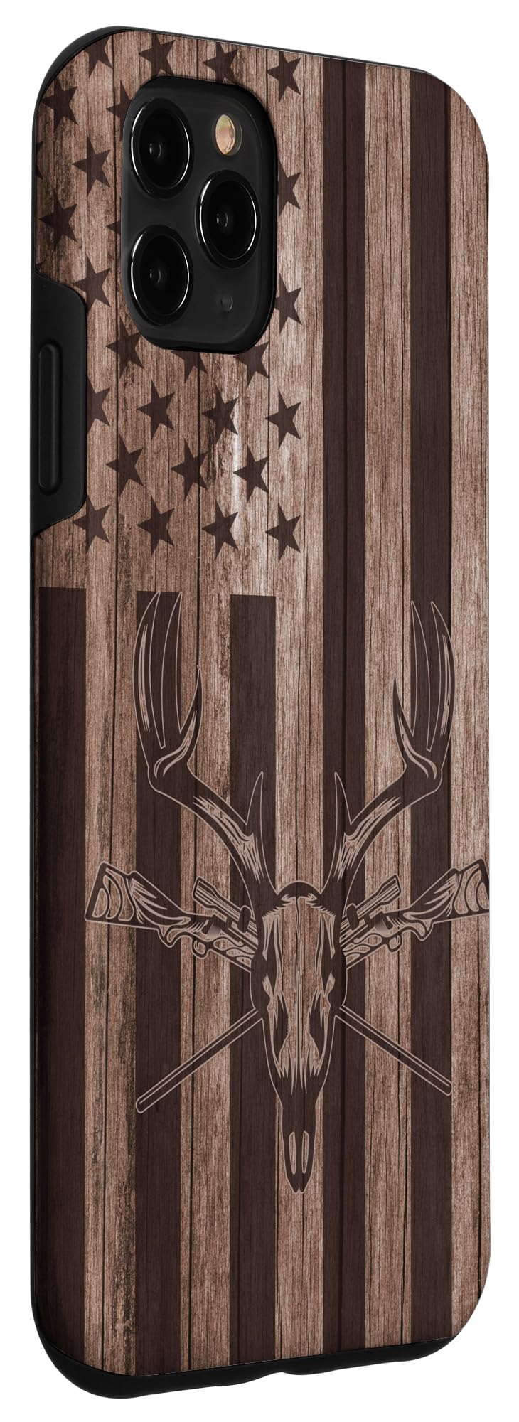 iPhone 11 Pro Max Case - Premium Wooden Hunting Design with Whitetail Deer & American Flag - Perfect for Outdoor Enthusiasts and Patriotic Hunters - Ideal for Hunting Trips, Camping, and Everyday Use