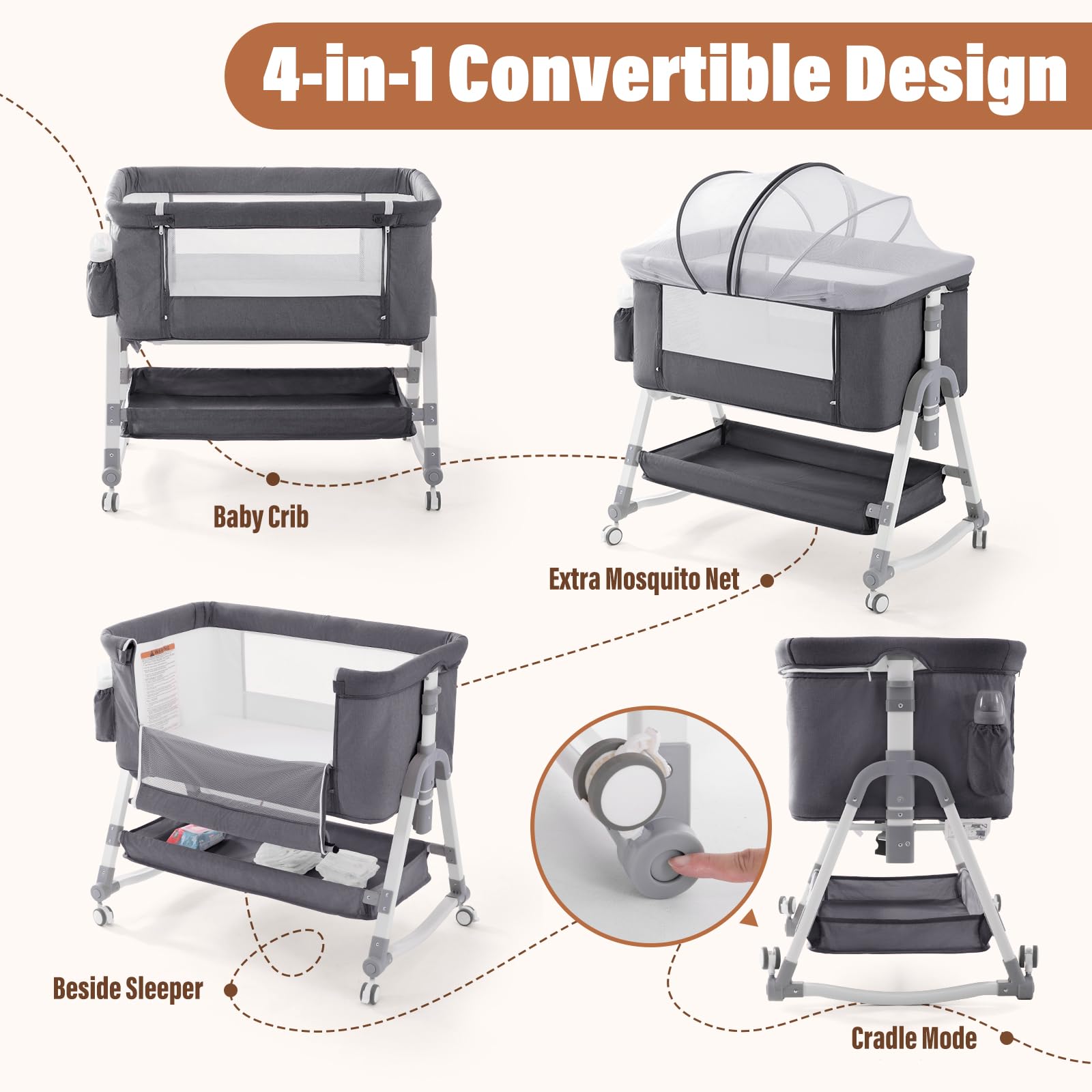 Jaoul 4-in-1 Adjustable Baby Bassinet & Bedside Sleeper - Portable Folding Crib with Comfort Mattress, Mosquito Net & Storage - Gray | Perfect for Newborns, Nursery, Co-Sleeping & Travel