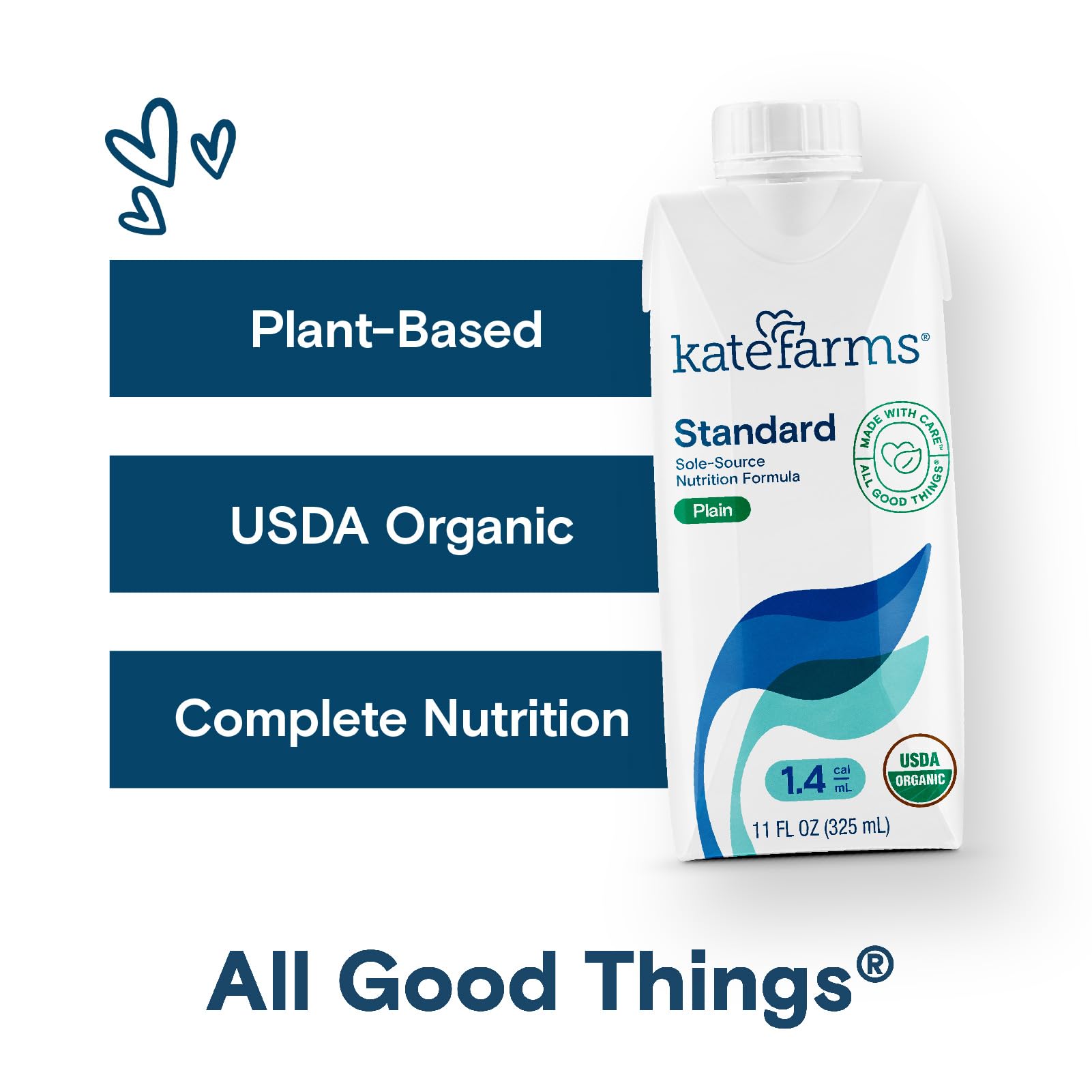 KATE FARMS Organic 1.4 High Calorie Nutrition Shake - 20g Protein, 27 Vitamins & Minerals - Meal Replacement Protein Shake for Adults & Seniors - Plain Flavor, 11oz (12 Pack) - Perfect for Weight Gain, Recovery & Busy Lifestyles