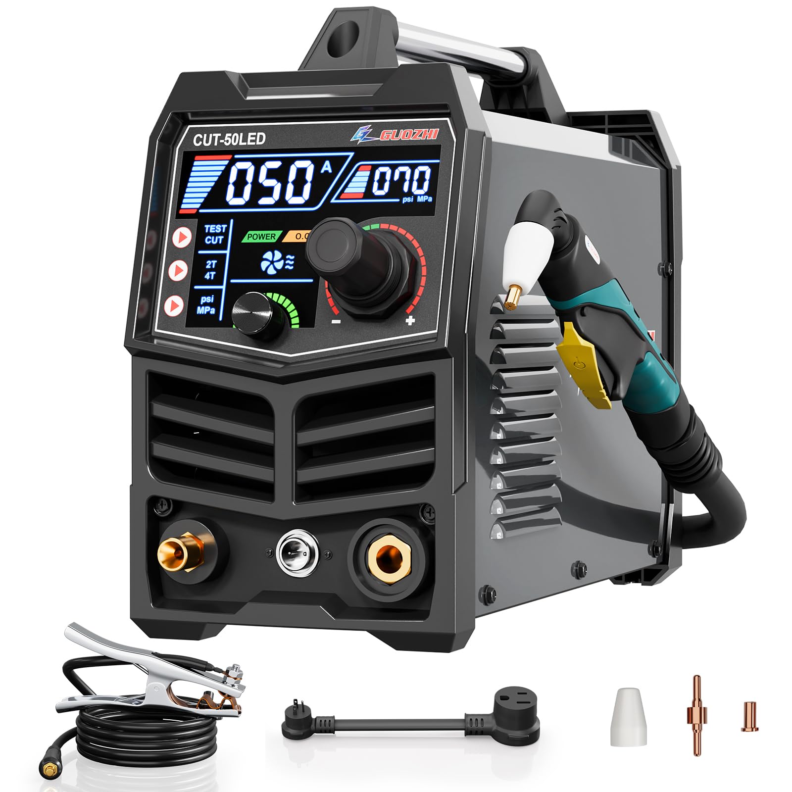 GZ GUOZHI 50A Plasma Cutter with LED Display - Dual Voltage 110V/220V IGBT Inverter, 1/2 Inch Clean Cut, Post Flow & 2T/4T Switch - Perfect for Metal Cutting, DIY Projects, Automotive Repair and Home Workshop Use