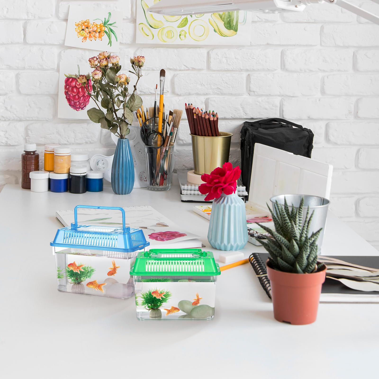 4pcs Mini Portable Fish Tank - Snail Terrarium, Crabs Habitat, Small Turtle Tank - Plastic Transport Box for Goldfish, Turtles, Beach Toys - Perfect for Home, Office, Classroom Aquarium Setup