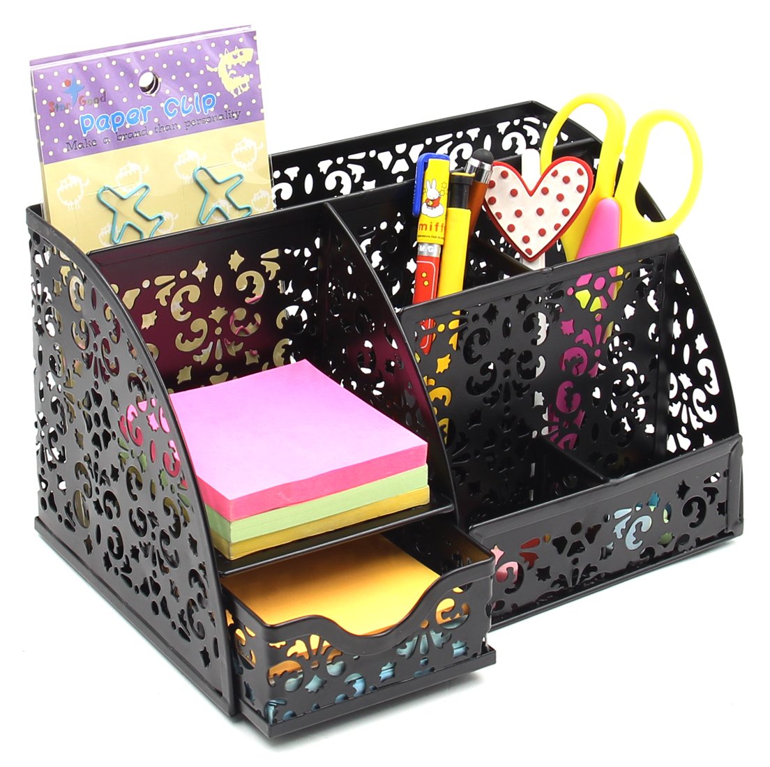 EasyPAG Mesh Desk Organizer with 6 Compartments & Drawer - Black | Stylish Office & Home Organization for Pens, Supplies & Accessories