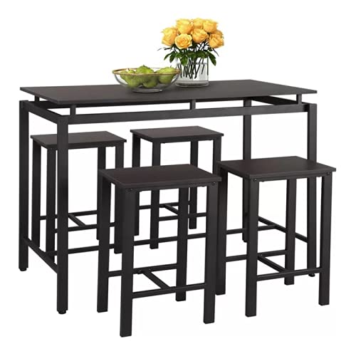 5-Piece Modern Industrial Counter Height Dining Set - Wooden Table & 4 Metal Leg Chairs for Small Spaces - Perfect for Kitchen, Breakfast Nook & Compact Homes (Black)