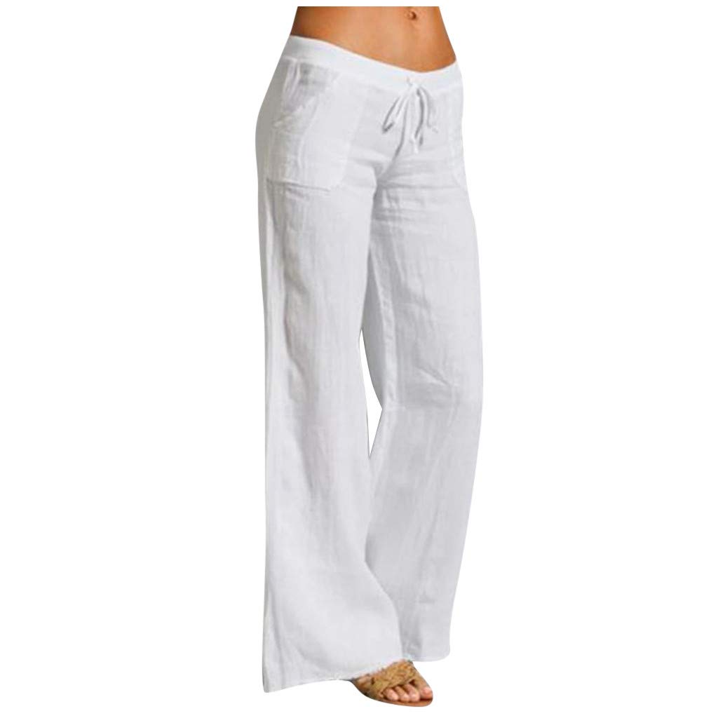 Women's Linen Long Pants - Casual High Waist Drawstring Cotton Wide Leg Elastic Culotte Pants for Summer | Perfect for Beach, Travel & Relaxation