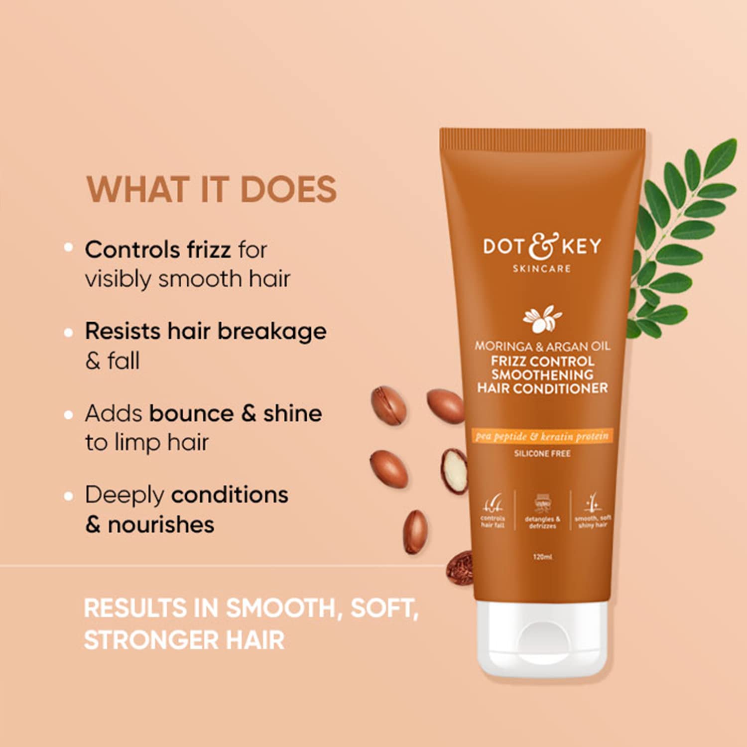 Dot & Key Moringa & Argan Oil Frizz Control Smoothing Hair Conditioner for Dry Hair | Sulfate-Free Formula for Strong & Silky Hair | Unisex Hair Care (120ml) | Perfect for Daily Use & Post-Wash Hydration