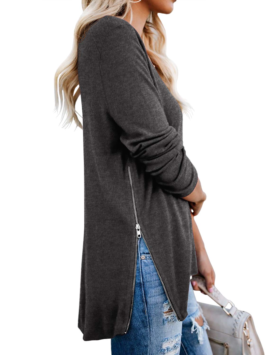 PrinStory Women's V-Neck Sweatshirt with Side Zipper - Casual Long Sleeve Top for Everyday Wear