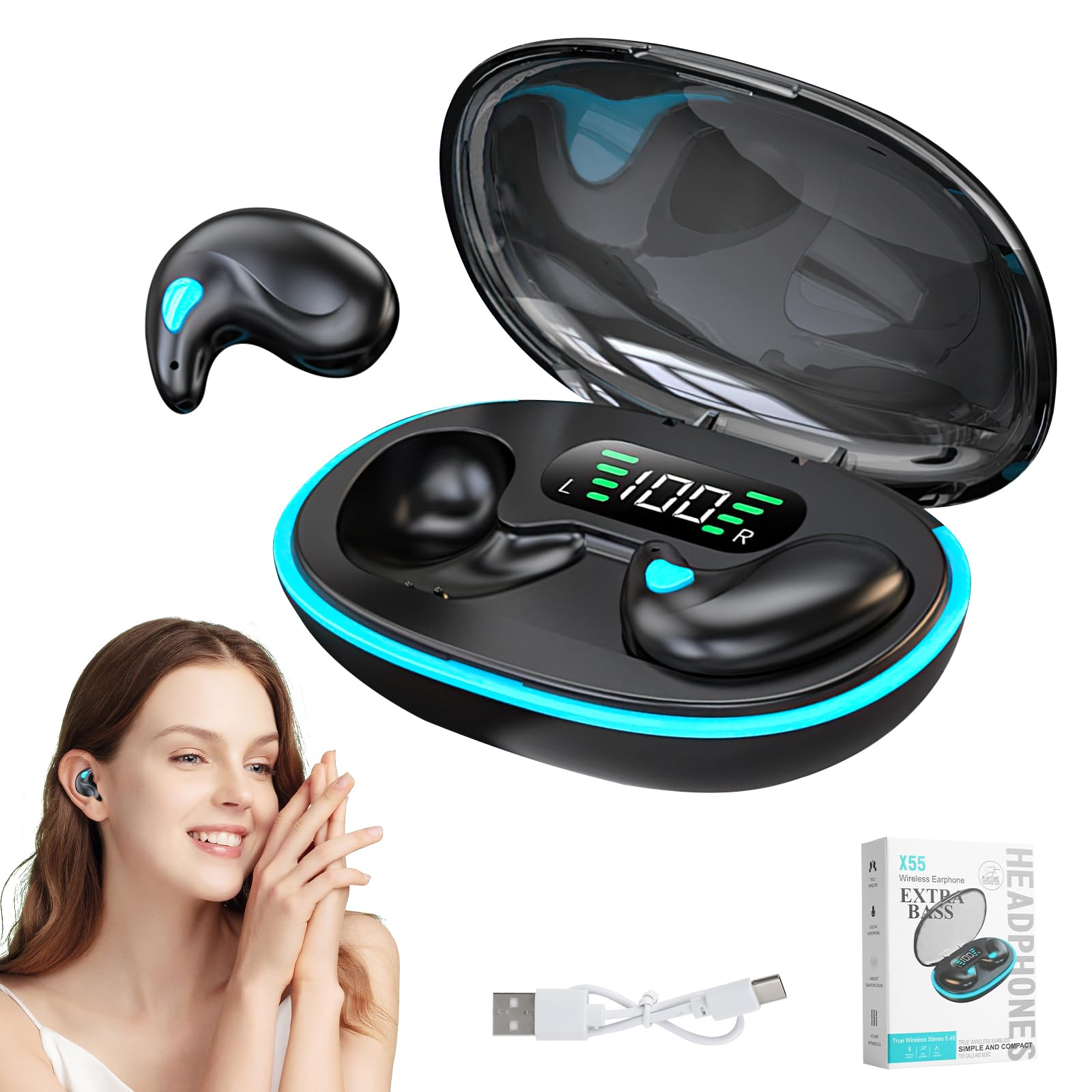 Bone Conduction Sleep Bluetooth Earbuds - Wireless 5.3 Noise Canceling In-Ear Headphones for Sleeping, Sports & Work | Rechargeable Comfort Earphones (Black) | Perfect for Nighttime Relaxation, Gym Workouts & Office Focus