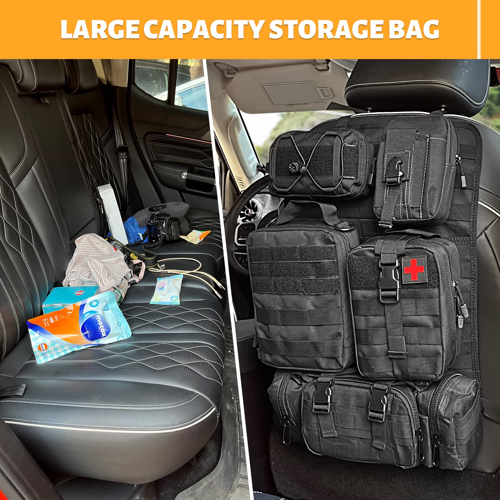 MAIKER Tactical Car Seat Back Organizer - 5 Detachable MOLLE Pouch Vehicle Organizer with Storage Pockets, Universal Fit for SUV, Truck & Jeep (Black) - Perfect for Road Trips, Camping & Outdoor Adventures