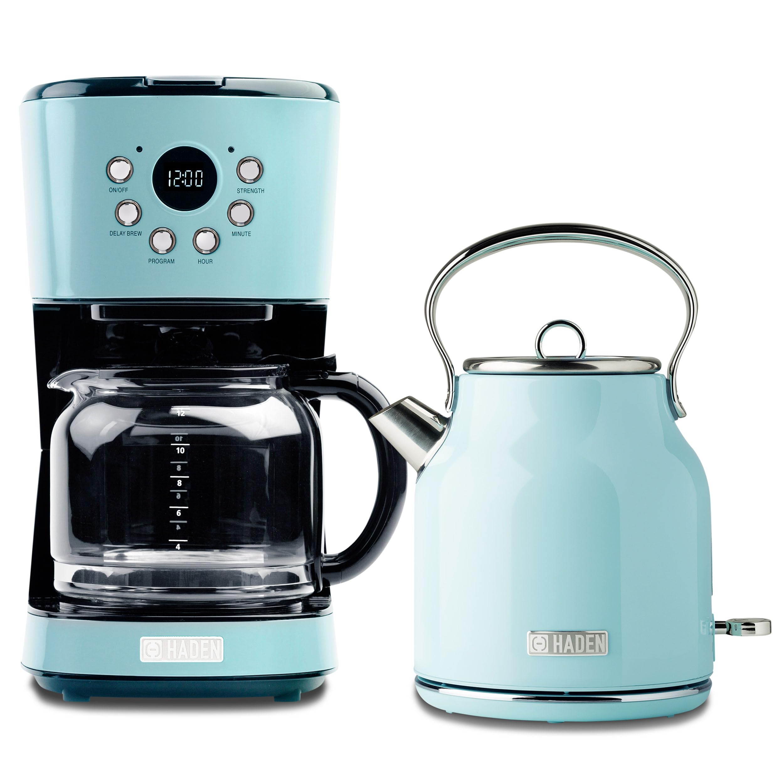 HADEN 12 Cup Drip Coffee Maker with 1.7L Stainless Steel Electric Kettle Set - Turquoise & Chrome - Perfect for Home, Office & Kitchen Use
