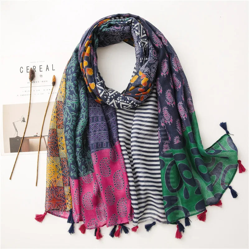 2023 Fashion Paisley Abstract Floral Tassel Viscose Shawl Scarf - Women's Lightweight Pashmina Wrap Stole & Muslim Hijab (180x90cm) - Perfect for Daily Wear, Office, Parties & Prayer