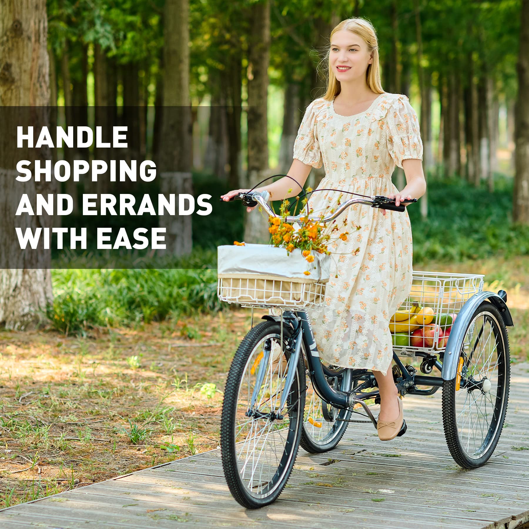 Viribus 24-26 Inch 7-Speed Adult Tricycle for Women & Men - Heavy Duty 400 lb Capacity 3-Wheel Bike with Front & Rear Baskets - Perfect for Commuting, Grocery Shopping & Senior Recreation