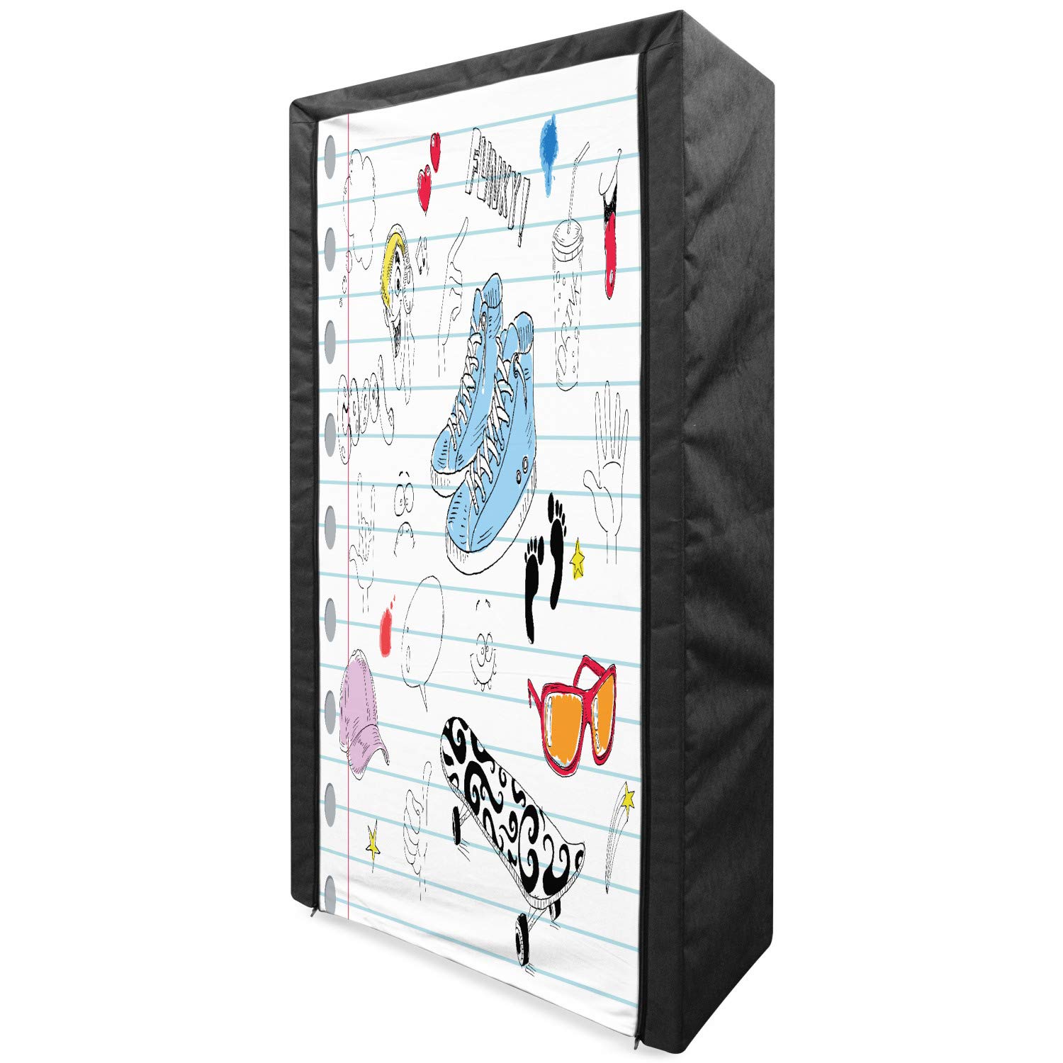 Ambesonne Portable Fabric Wardrobe - Notebook Design with Funky Skateboard & Shooting Star Prints | 33.5 Inch Clothing Organizer with Shelves | Black, Pale Blue & Ginger | Perfect for Small Spaces, Dorm Rooms & Apartment Storage