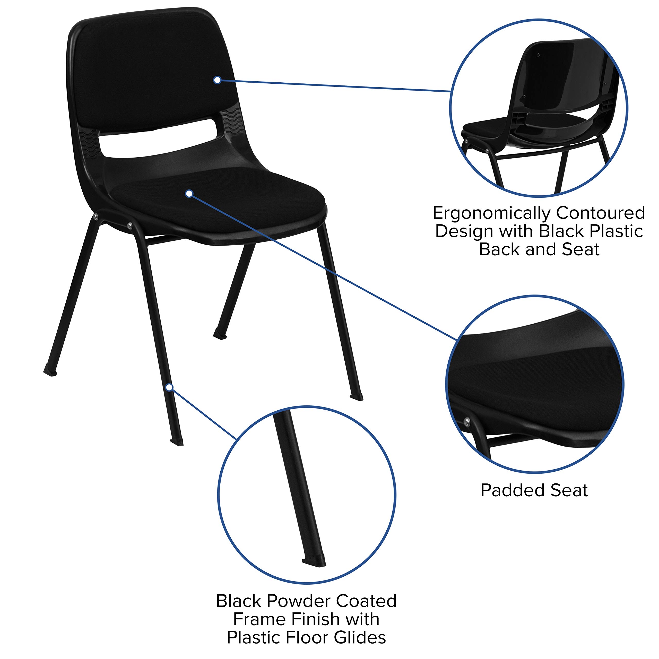 EMMA + OLIVER Black Padded Ergonomic Shell Student Stacking Chair - Comfortable Classroom Chair, Guest Chair for Home Office, School & Conference Room Use