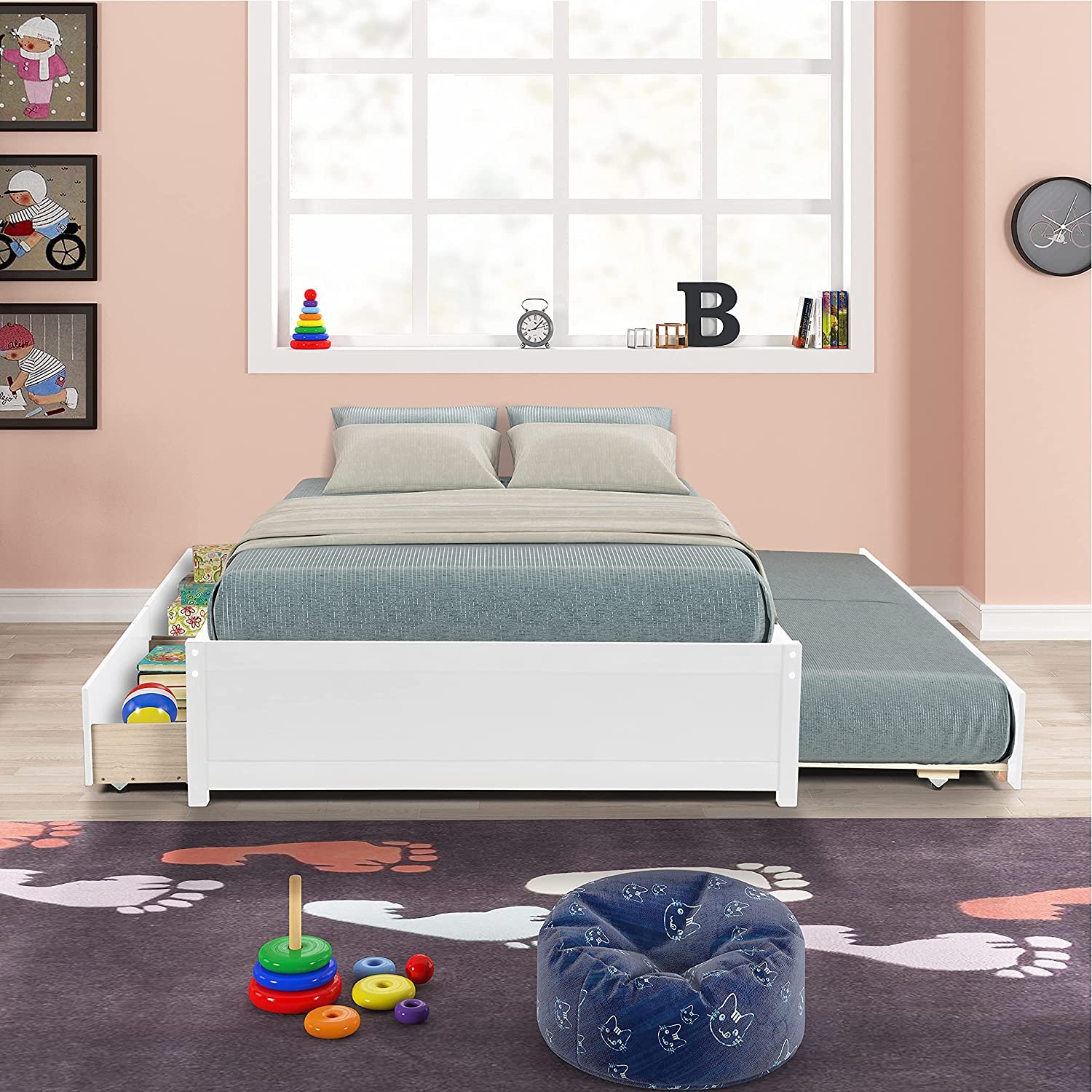 Rophefx Solid Wood Full Size Platform Bed with Twin Trundle & 2 Drawers - Kids Bedroom Furniture for Small Spaces, Guest Room & Sleepovers (White)