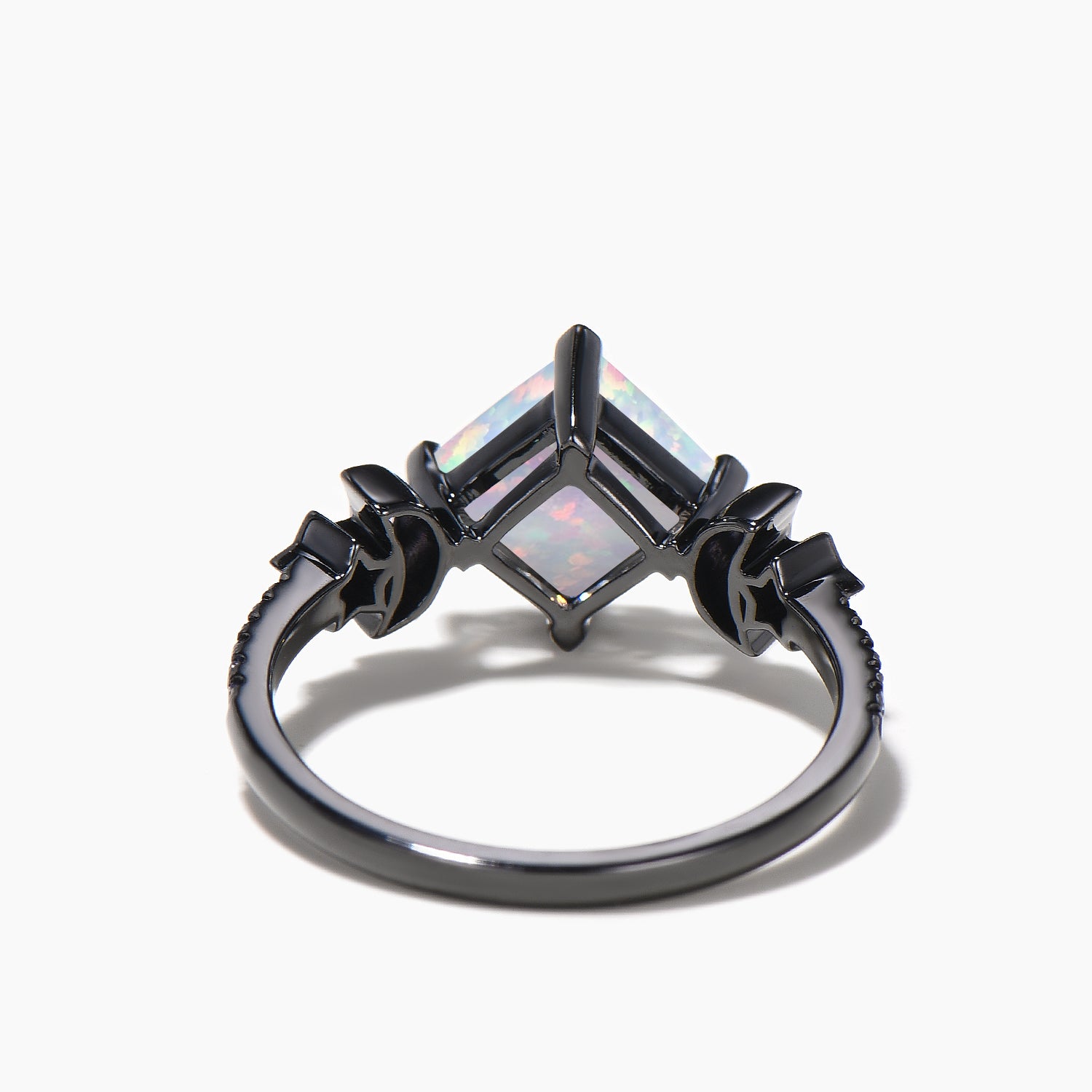 Princess Cut Opal Engagement Ring in Black Gold with Moon & Star Amethyst Sandstone Accents - Perfect for Wedding Proposals, Anniversary Gifts & Romantic Occasions