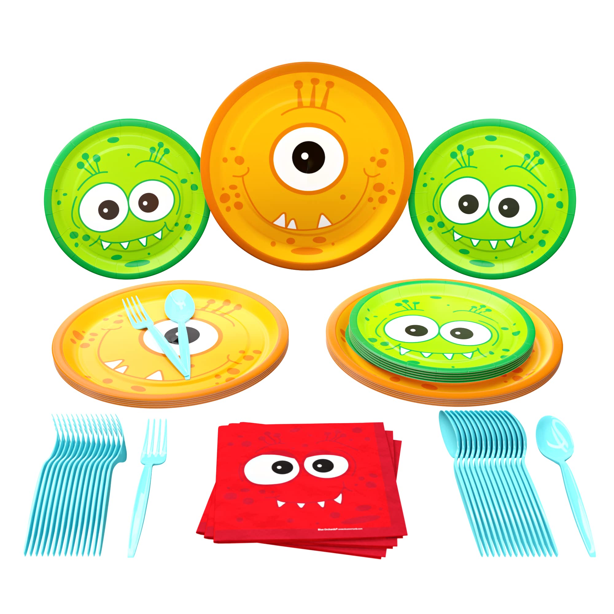 Monster Party Supplies Pack - 100 Pieces for 16 Guests | Monster Birthday Decorations, Plates & Napkins Set | Halloween Party Decor, 1st Birthday Theme | Perfect for Kids Birthday Parties & Halloween Celebrations