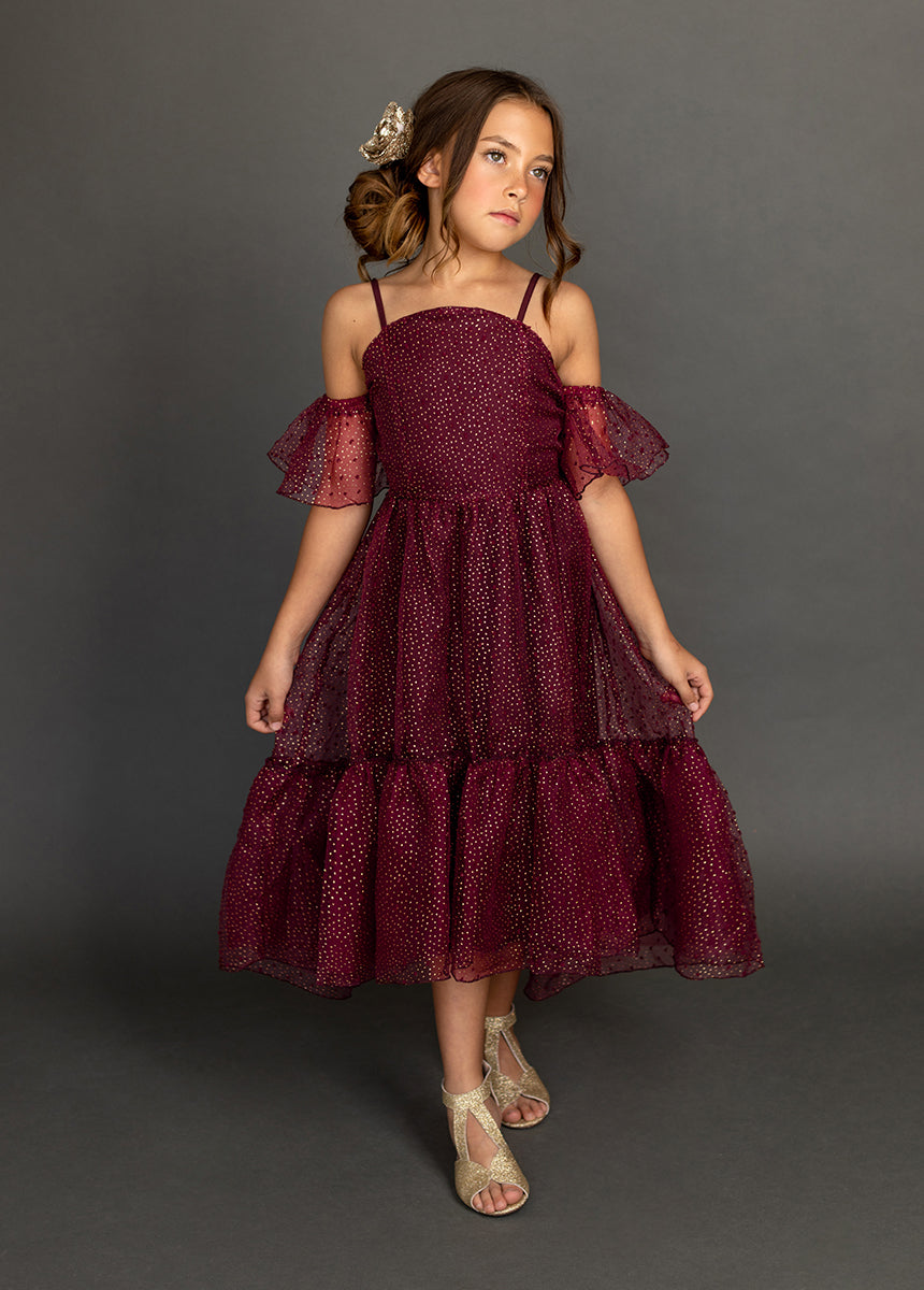 Chloe Burgundy Polka Dot Dress for Women - Elegant Floral Print Party Dress for Evening, Wedding, and Special Occasions