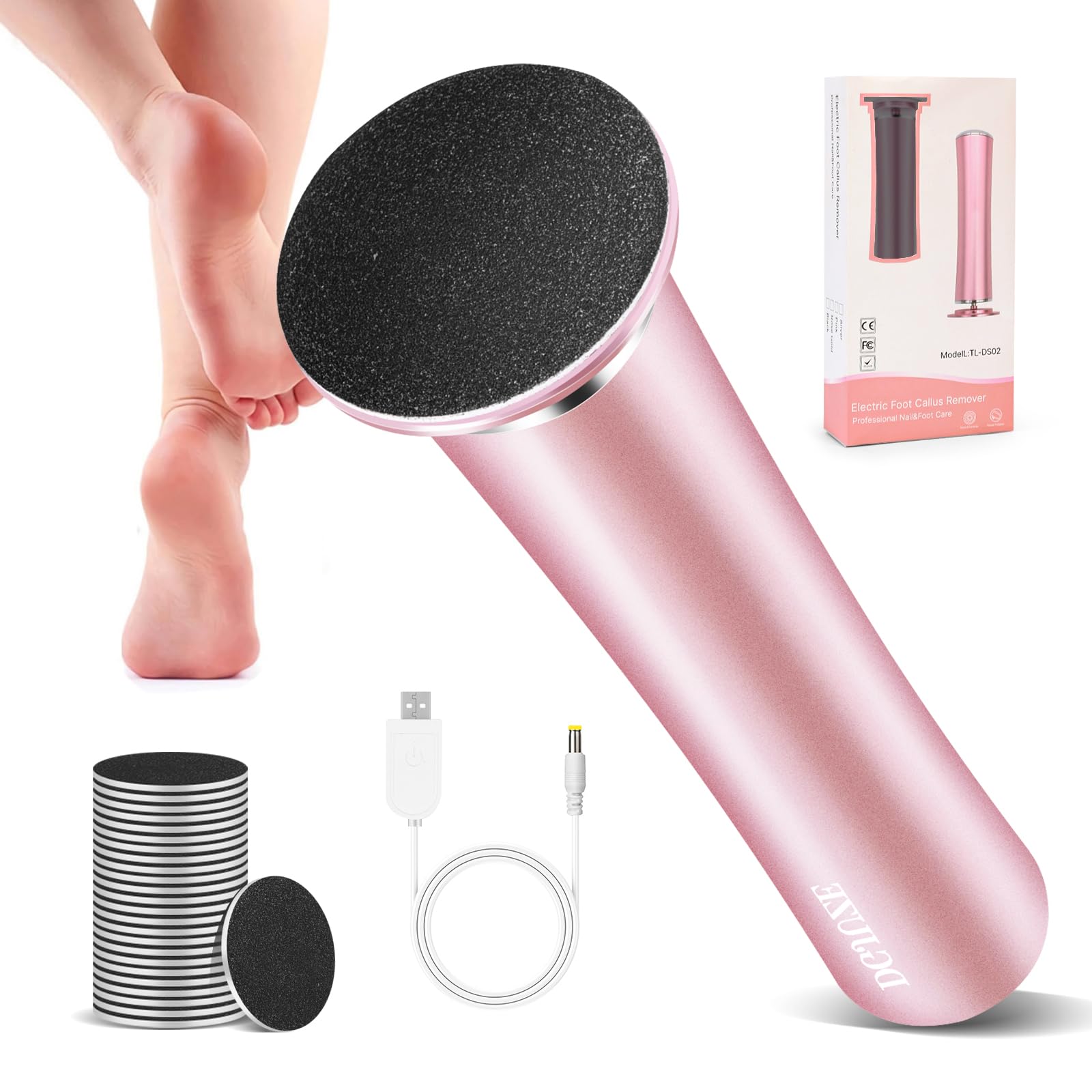 Rechargeable Electric Foot File Callus Remover - Professional Metal Pedicure Tool for Dead Skin & Heel Care with 60 Sandpaper Discs - Perfect for Home Pedicure & Foot Spa (Pink)