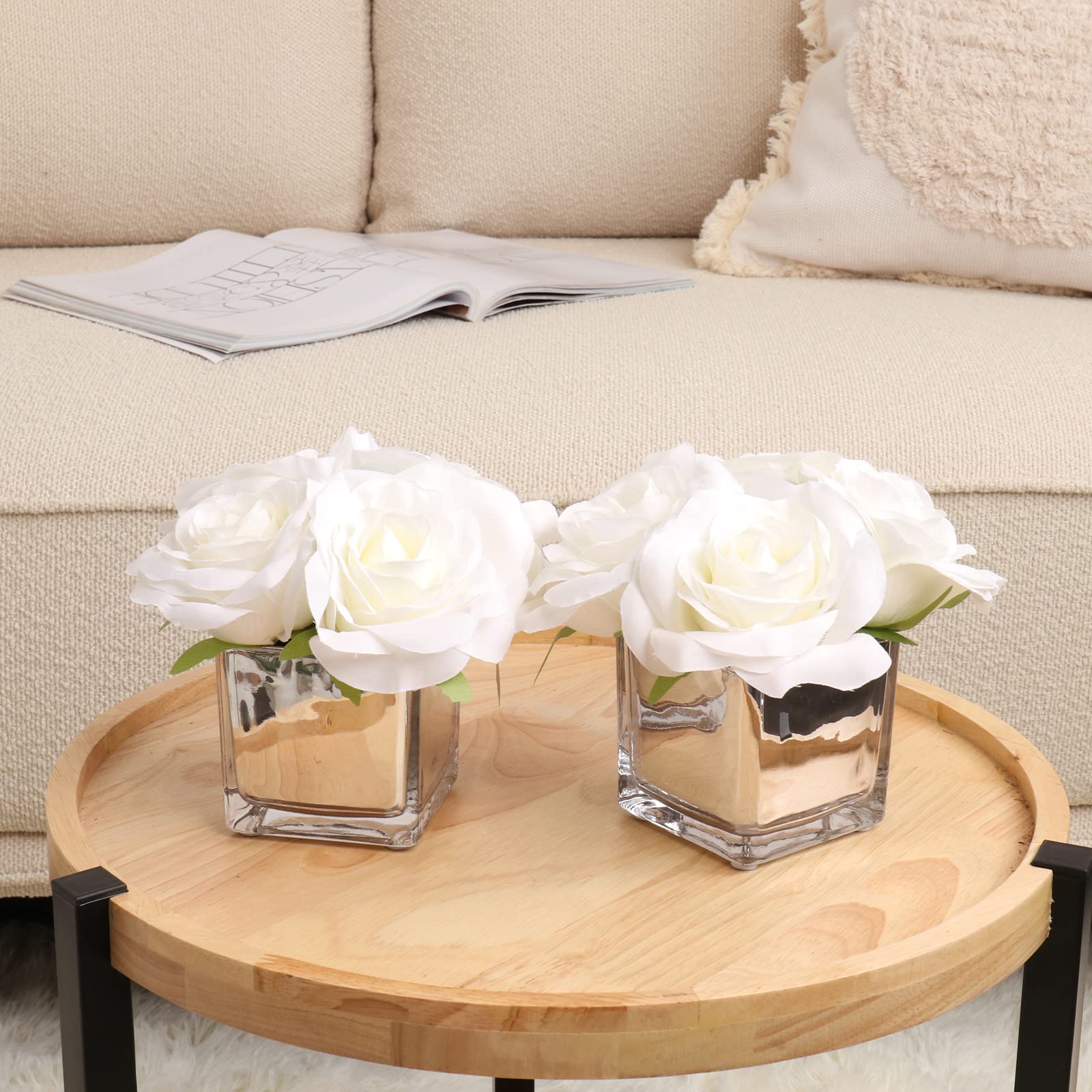 Nisoger 2 Pack Artificial Silk Roses in Vase - Realistic Fake Flower Arrangement for Home Office Decor, Dining Table Centerpiece, Wedding & Party Decoration