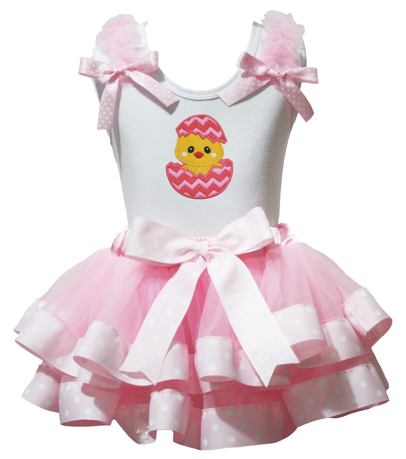 Petitebella Girls' Pink Polka Dot Chick Egg White Blouse with Ribbon & Petal Skirt Set for Newborn to 8 Years - Perfect for Easter, Spring Outfits & Special Occasions