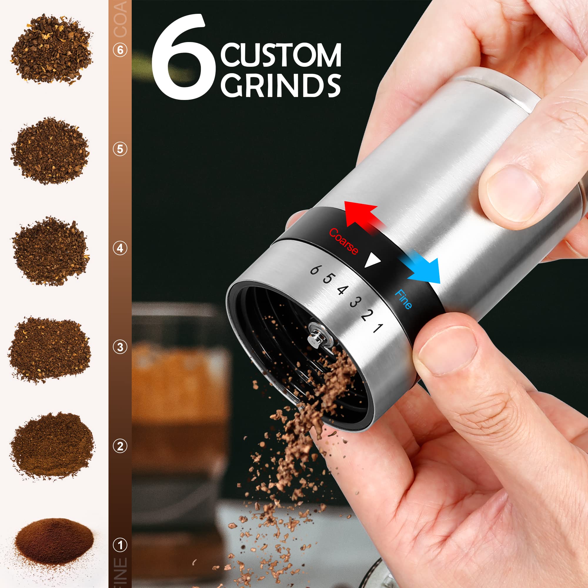 Premium Manual Stainless Steel Coffee Grinder - 6 Adjustable Grind Settings, Ceramic Burr Mill for Espresso, French Press & Drip Coffee | Portable Hand Crank Design Perfect for Camping, Travel & Home Brewing (TRIPLE TREE Brand)