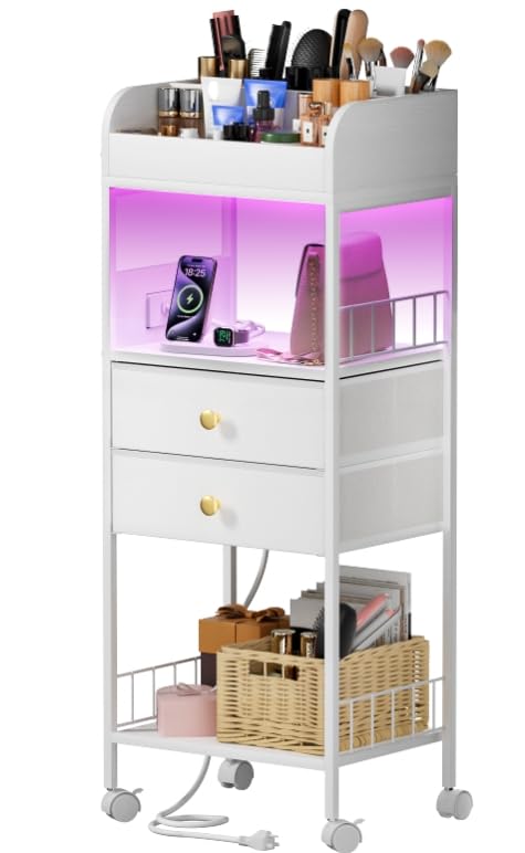 LED Makeup Organizer with Charging Station & Drawers - Vanity Cosmetic Storage Case for Makeup, Skincare, Nail Polish, Perfume & Hair Accessories - White | Perfect for Bedroom, Bathroom & Dressing Table Organization