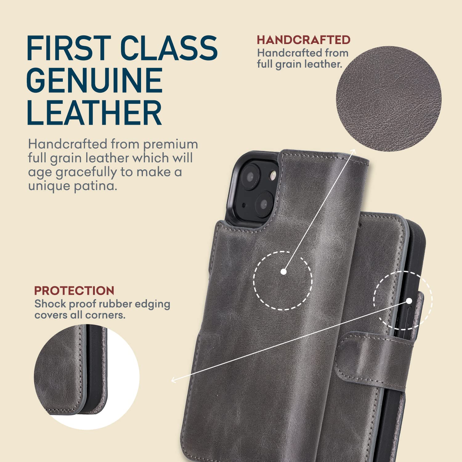 Bayelon Genuine Leather iPhone 13 Case with Detachable Magnetic Wallet - 2-in-1 Flip Cover with Card Slots & Kickstand | Compatible with MagSafe (Smoked Black) | Perfect for Business Travel & Everyday Use
