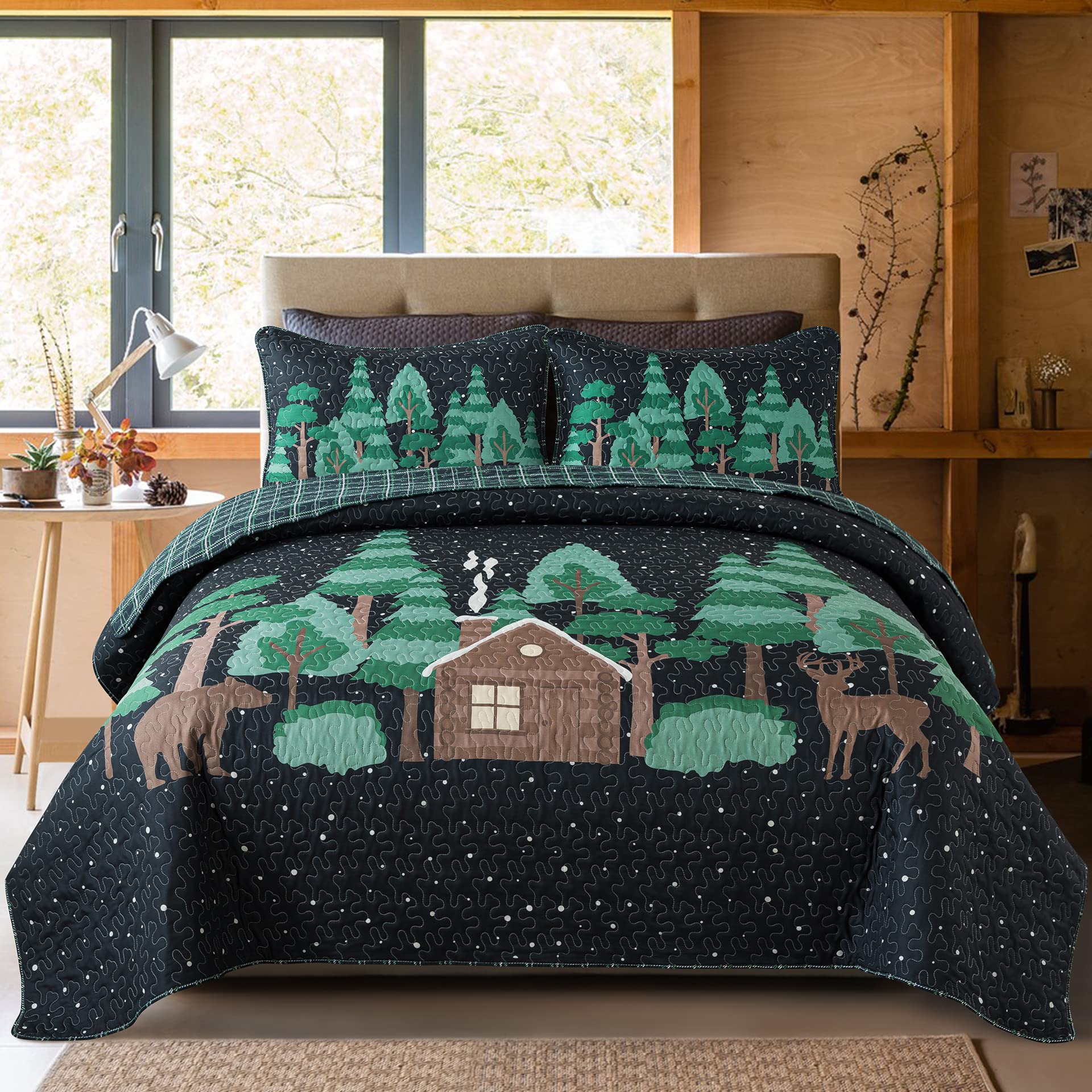 Snowy Cabin Farmhouse Queen Quilt Set with 2 Shams - Deer & Bear Lodge Bedding in Hunter Green & Black - Cozy Country Coverlet for Cabin Retreats, Camping Trips & Rustic Home Decor | Soul & Lane