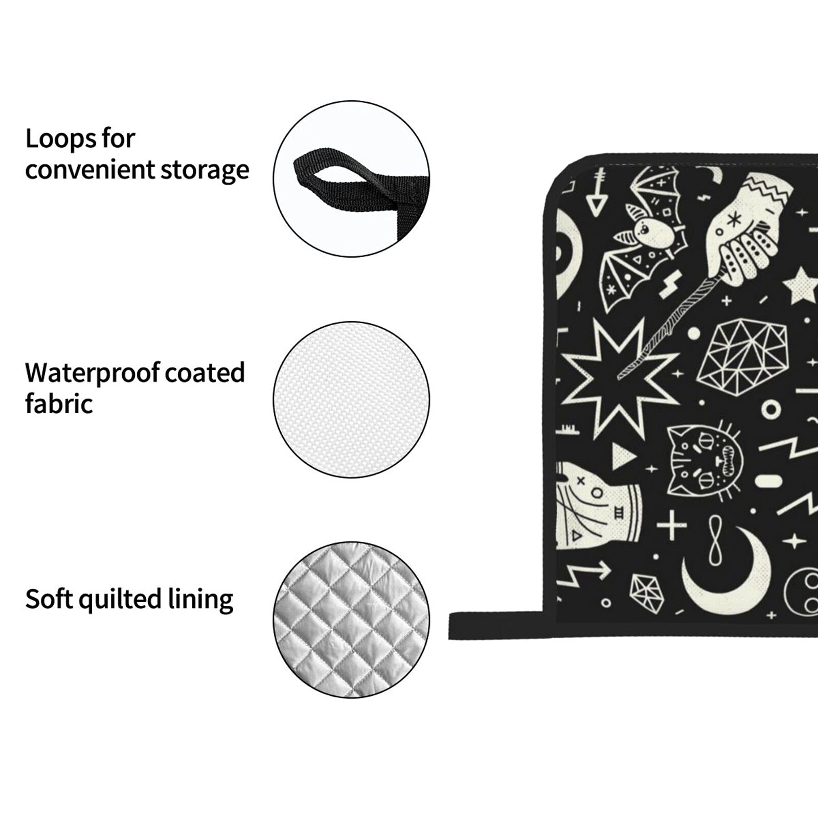 Magical Style Hand Eyes Moon Skull Cat Bat Snake Key 4-Piece Oven Mitt and Pot Holder Set - Heat Resistant, Non-Slip Kitchen Gloves with Inner Cotton Layer for Cooking, BBQ, Baking, Grilling - Perfect for Halloween Parties, Gothic Kitchen Decor & Spooky Themed Events