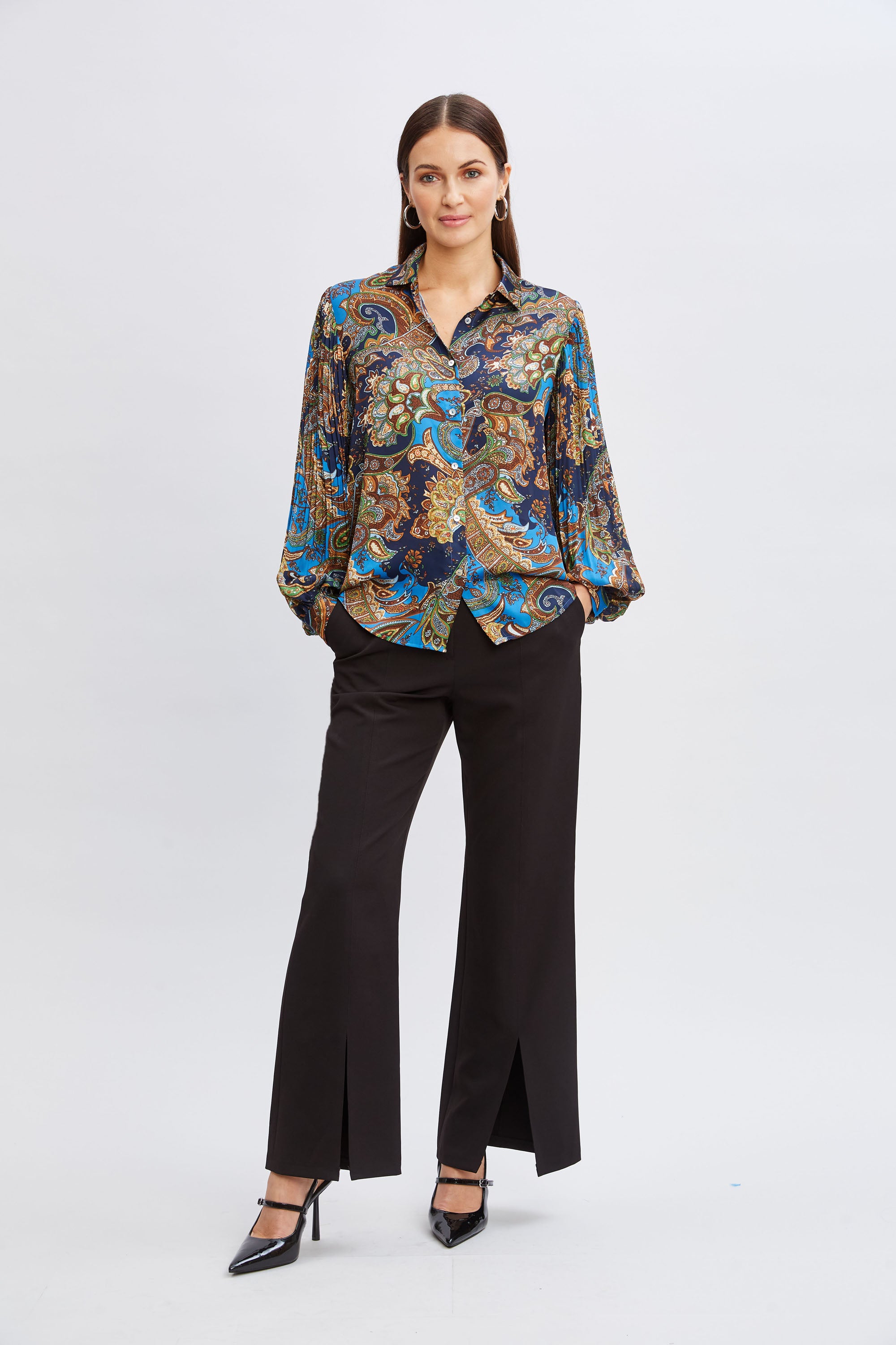 T Tahari Royal Paisley Button Down Shirt for Women - Elegant Floral Print Blouse for Office, Party & Casual Wear