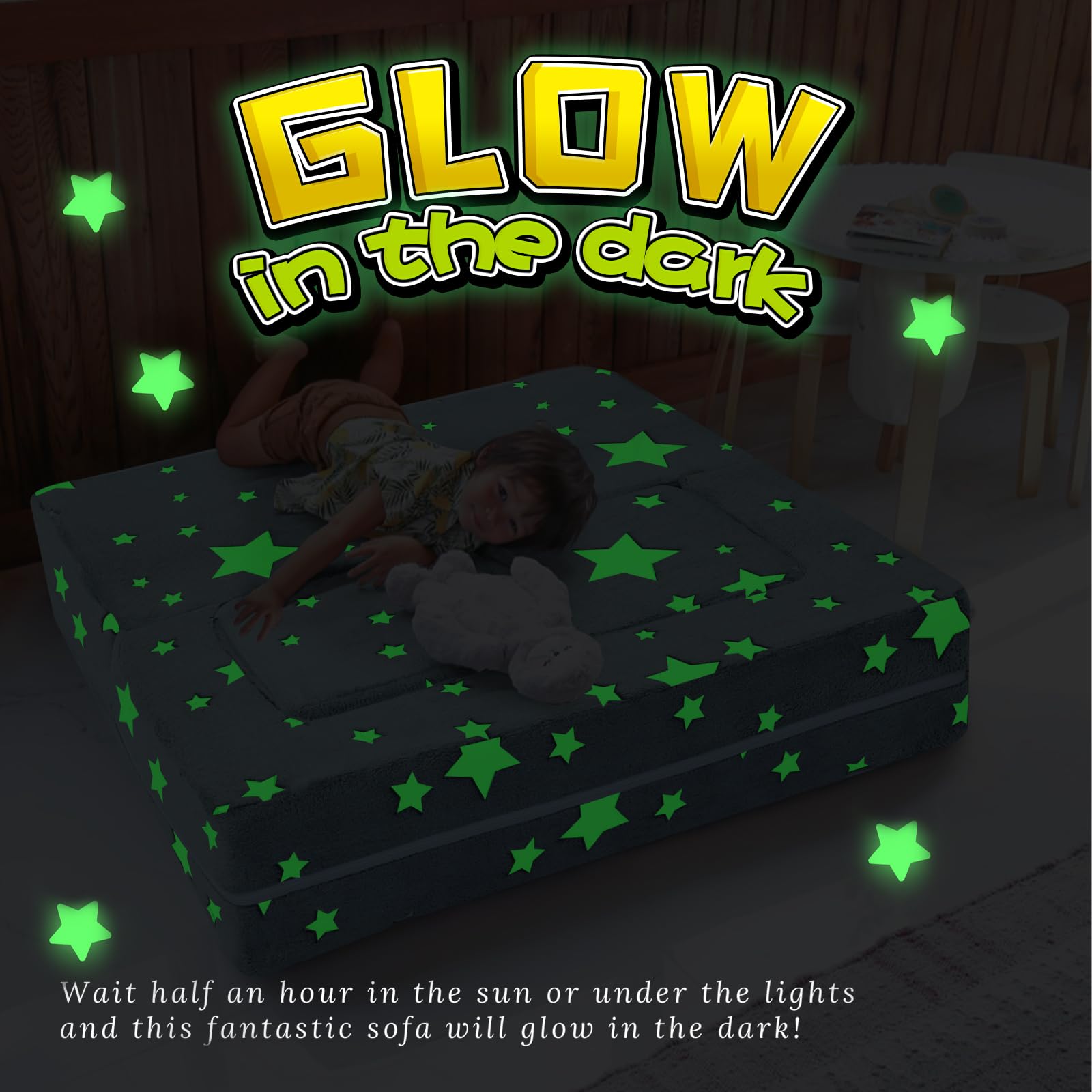 MeMoreCool Modular Kids Play Couch Sofa with Glow in The Dark Stars - Foldable Toddler Couch for Playroom, Nursery & Bedroom - Soft Grey Children's Furniture for Reading, Playtime & Relaxation