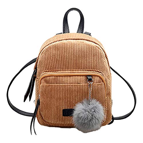 Corduroy Mini Backpack for Girls - Soft Pompom Rucksack, Cute School Bag in Khaki | Perfect for School, Travel & Everyday Use