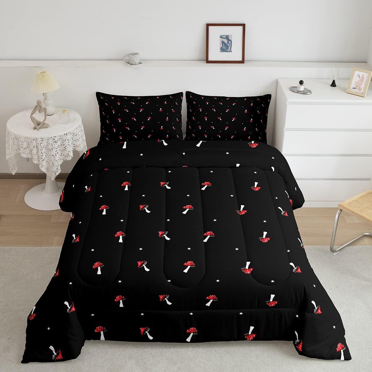 **Cute Kawaii Mushroom Comforter Set Queen Size - Cartoon Bedding Set with Red Mushroom & Farmhouse Botanical Print, Reversible Duvet Cover for Kids & Adults - Perfect for Bedroom Decor, Cozy & Stylish Home, Gift Idea**    *(Use Scenes: Ideal for kids' rooms, farmhouse-style bedrooms, cozy home decor, or as a unique gift for mushroom lovers!)*