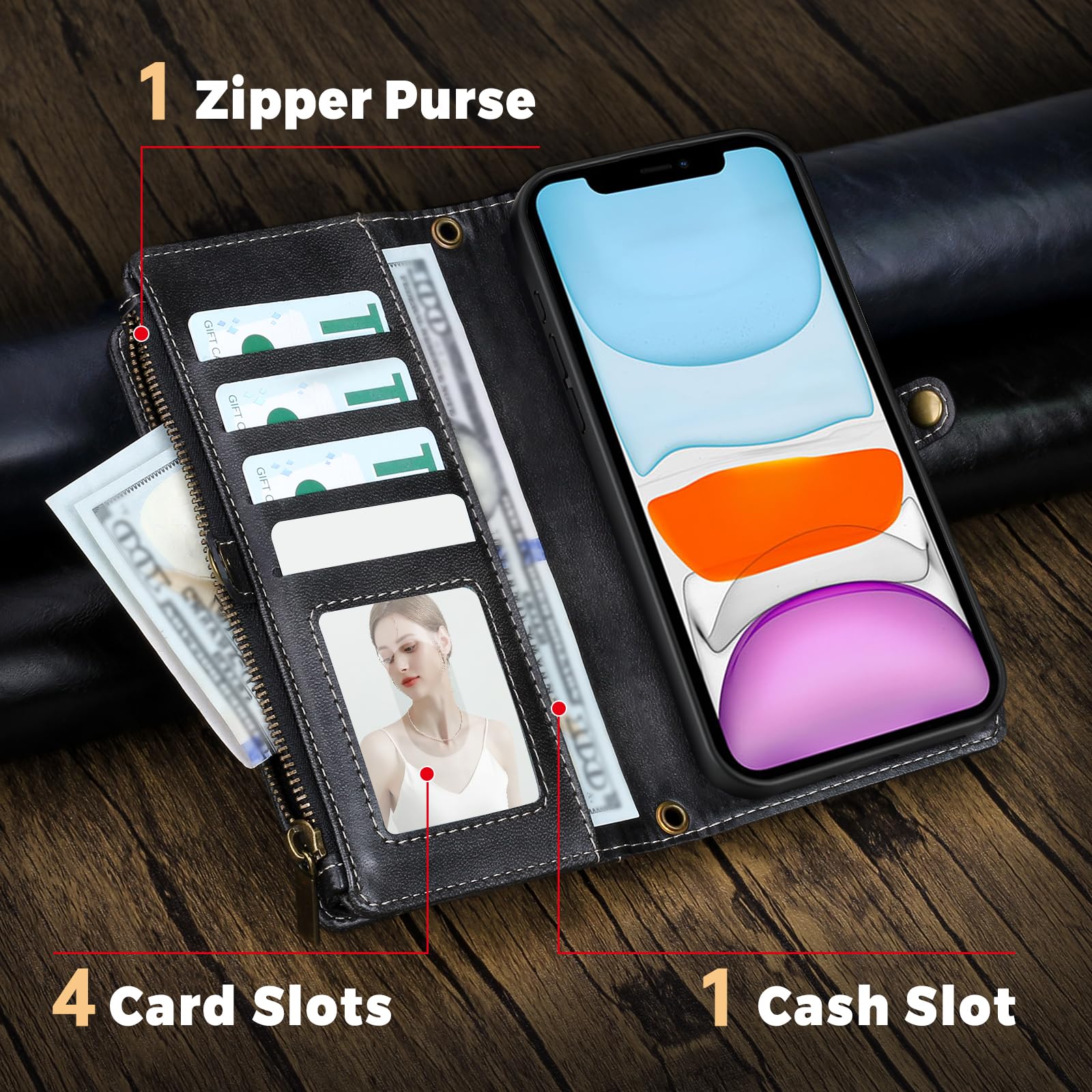 RFID Blocking PU Leather Wallet Case for iPhone 11 - Kickstand Flip Cover with Wrist Strap & Zipper Credit Card Slots - Compatible with Apple iPhone 11 (Black) | Perfect for Travel, Shopping & Everyday Protection