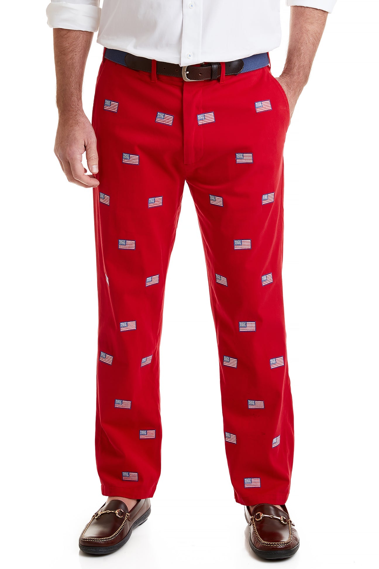Stretch Twill Harbor Pants in Bright Red with American Flag - Comfortable & Patriotic Casual Wear for Outdoor Activities & Events
