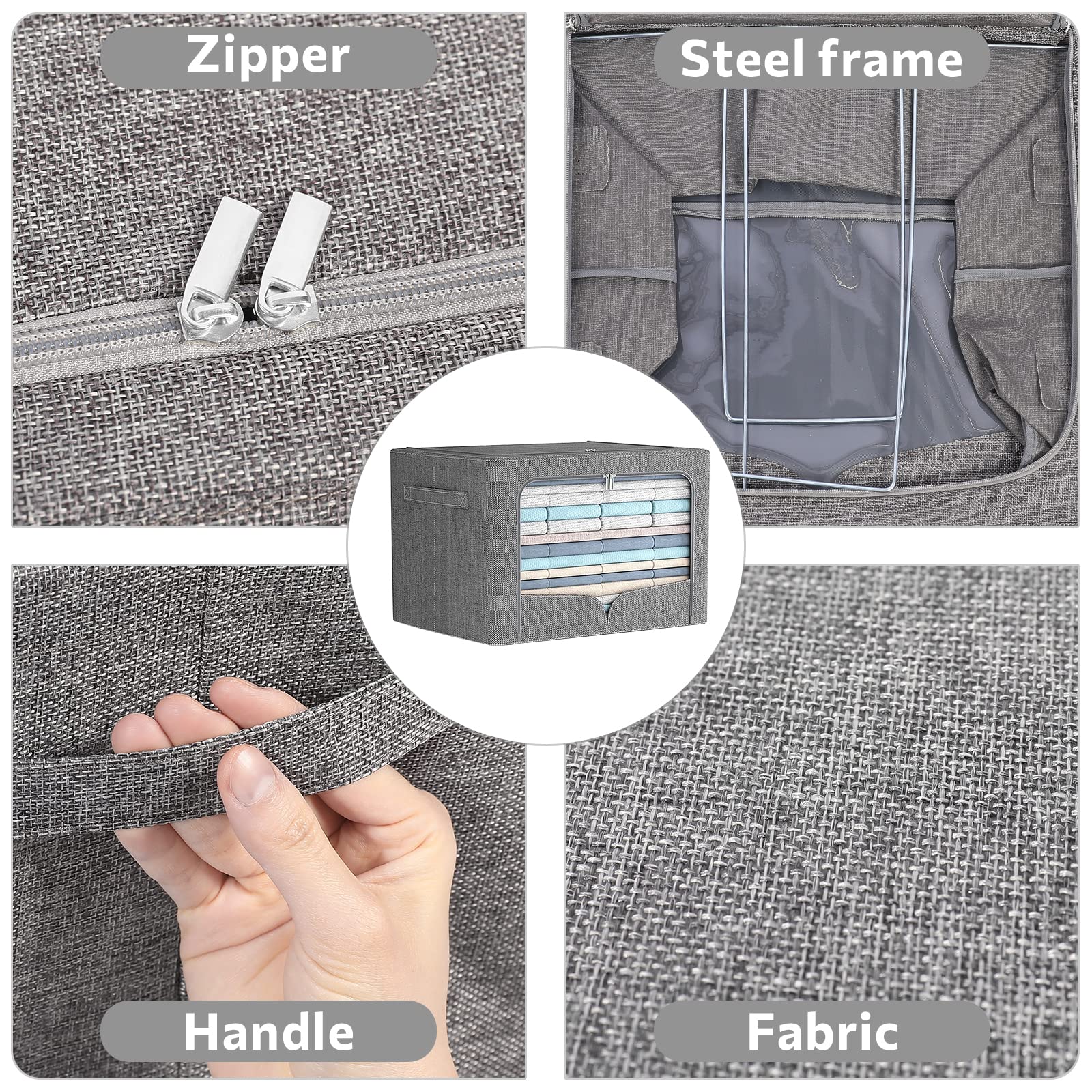 3 Pack Foldable Metal Frame Storage Bins - Stackable Linen Fabric Clothes Organizer with Clear Window & Handles (Dark Gray, 19.7x15.7x12.6inch/66L) - Perfect for Closet, Bedroom, Dorm & Laundry Room Organization