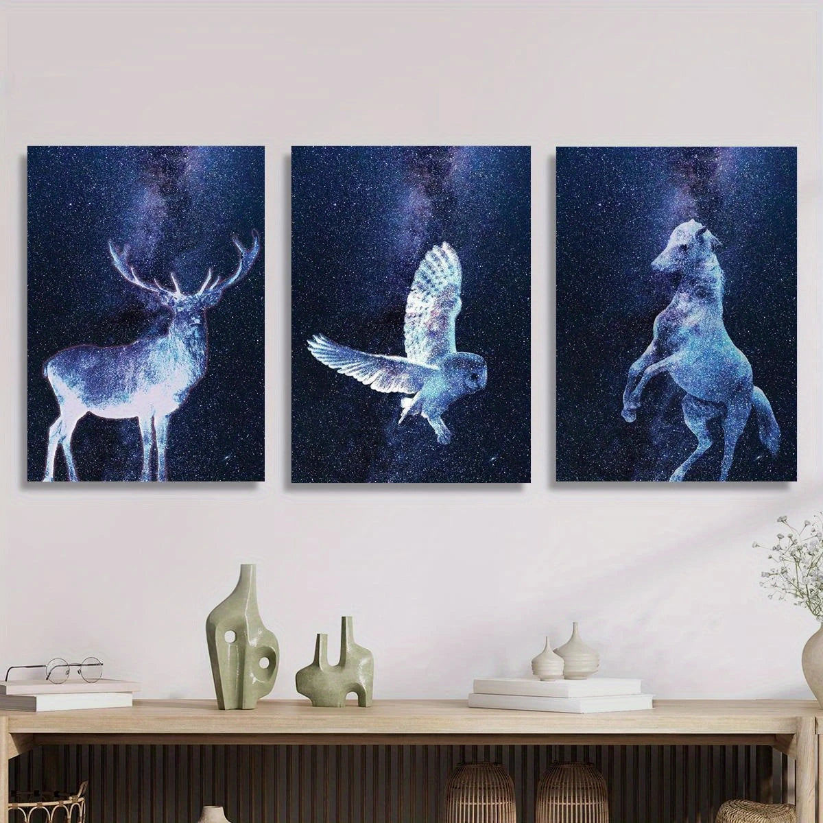 3-Piece Abstract Cosmic, Deer, Owl & Horse in Space Stars Metal Wall Art - Ready to Hang Home Decor for Living Room, Bedroom & Office